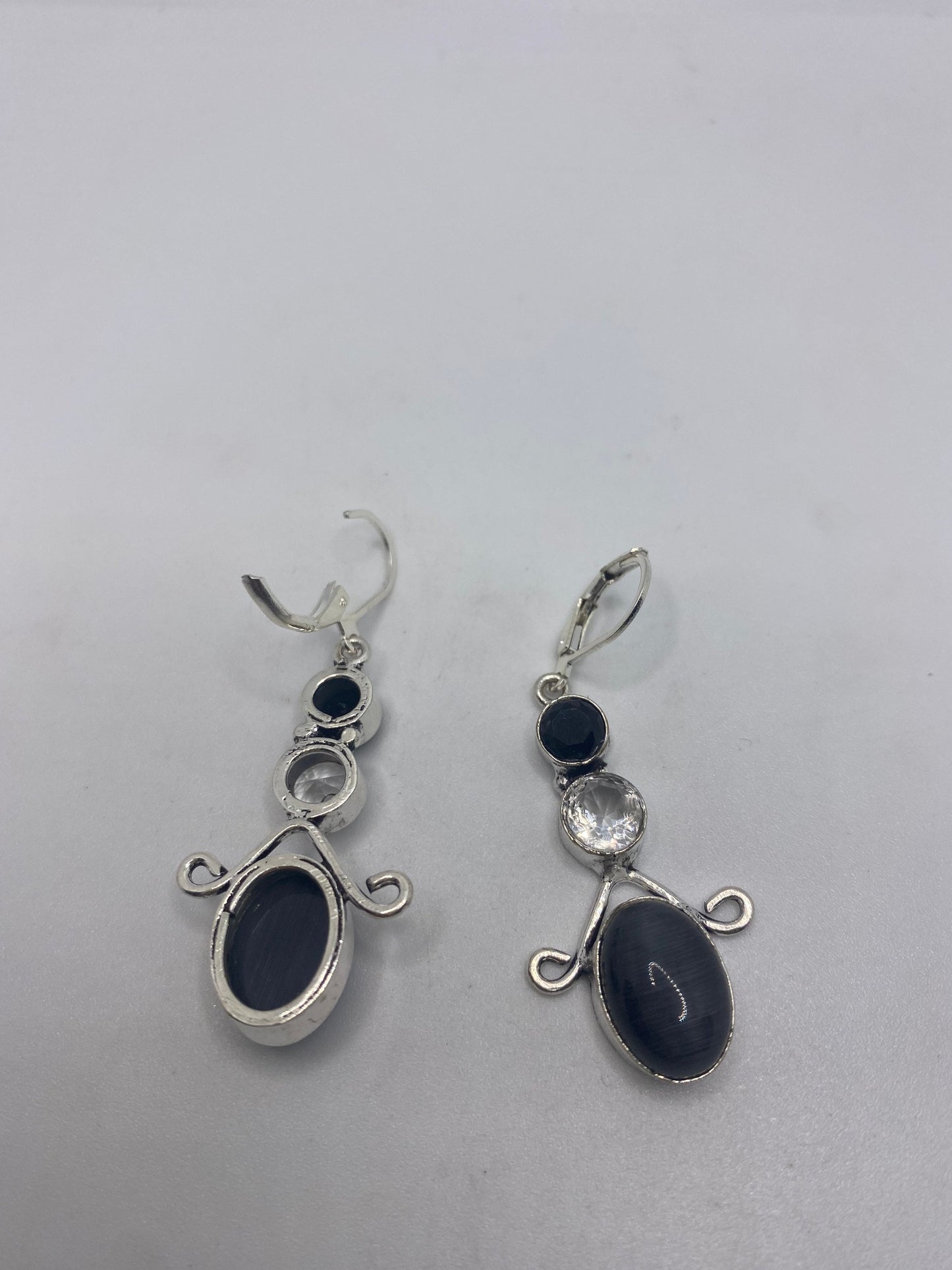 Vintage Lab Black Cats Eye 925 Sterling Silver Deco Dangle Earrings