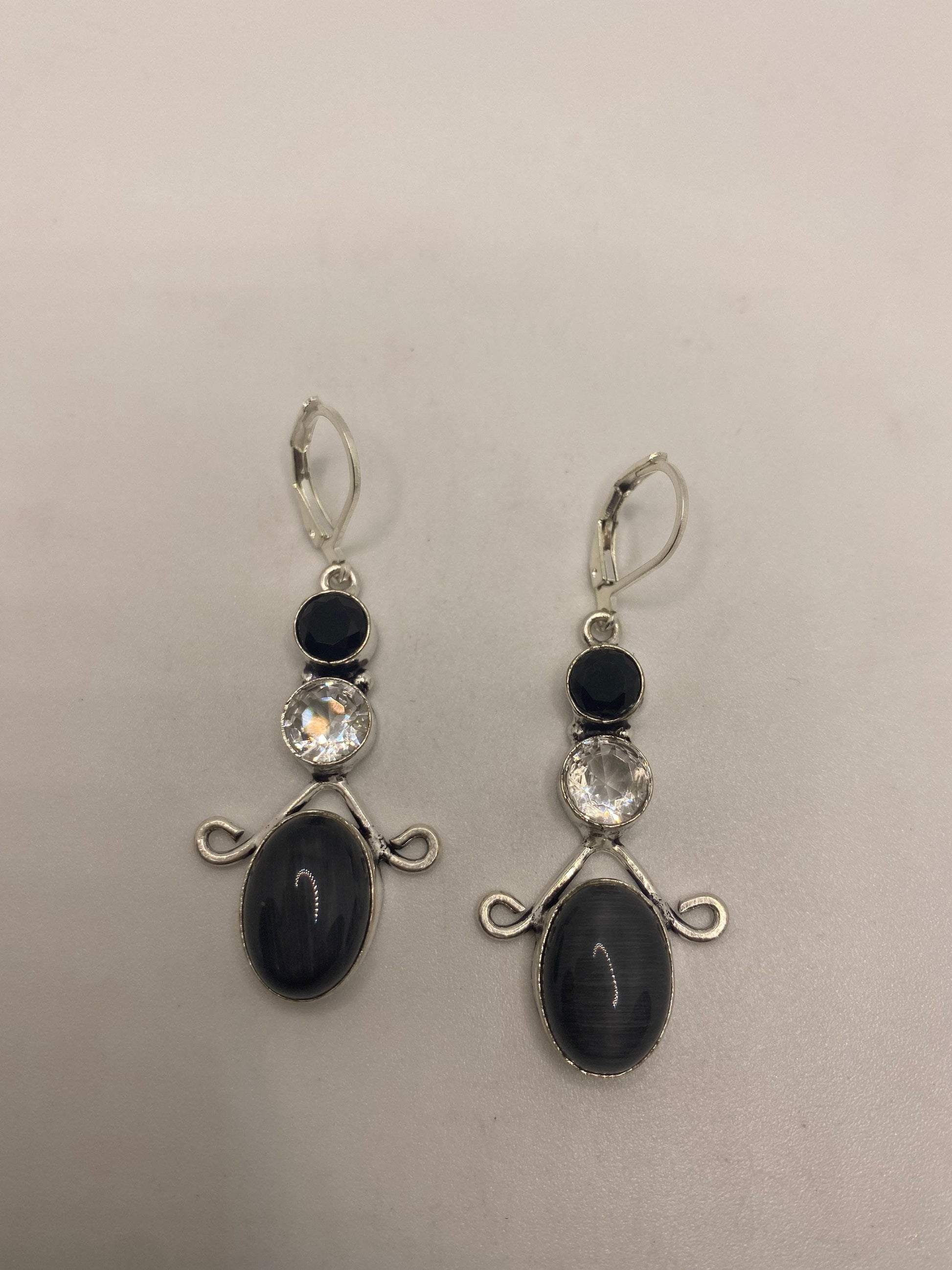 Vintage Lab Black Cats Eye 925 Sterling Silver Deco Dangle Earrings