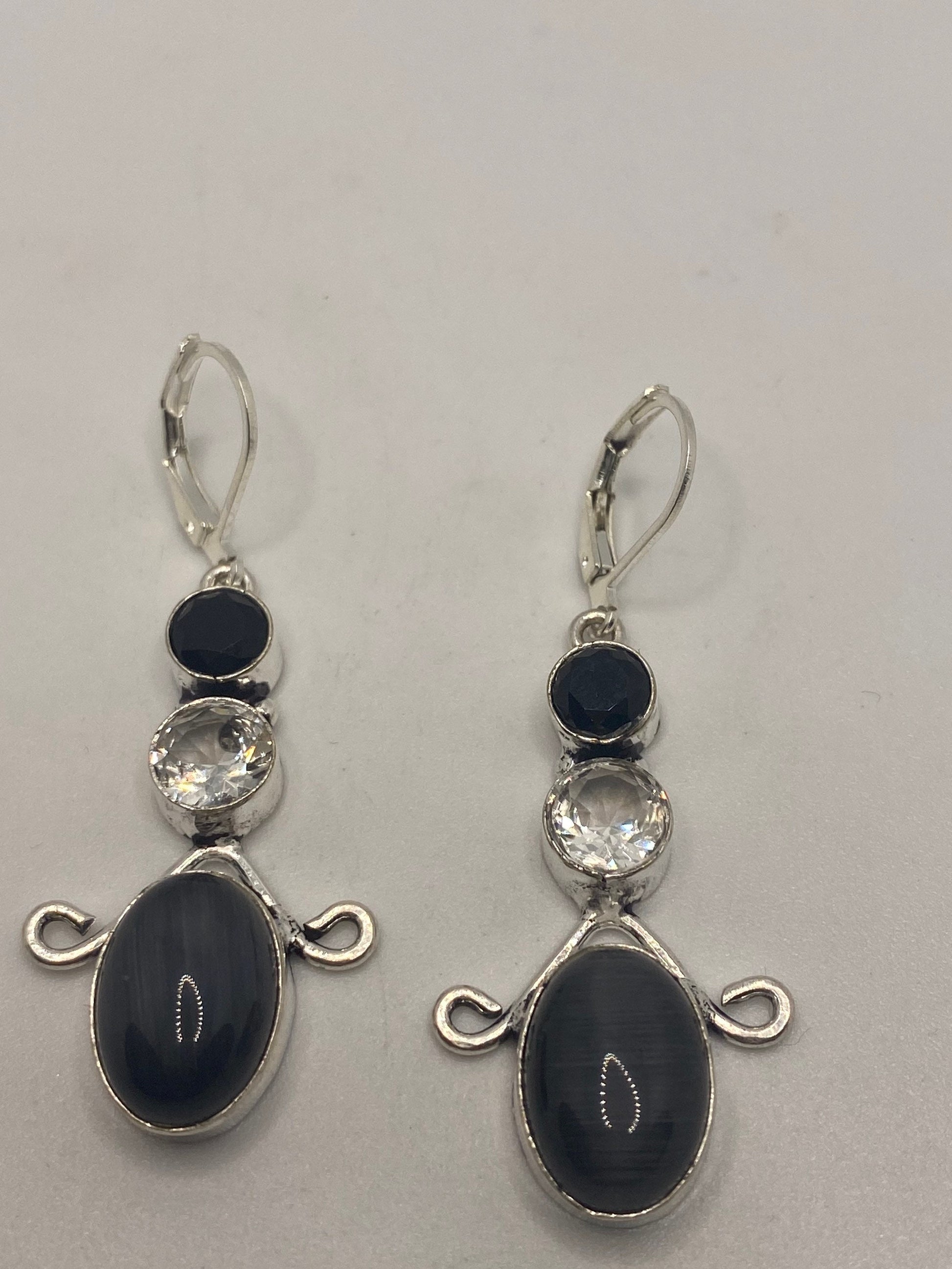 Vintage Lab Black Cats Eye 925 Sterling Silver Deco Dangle Earrings