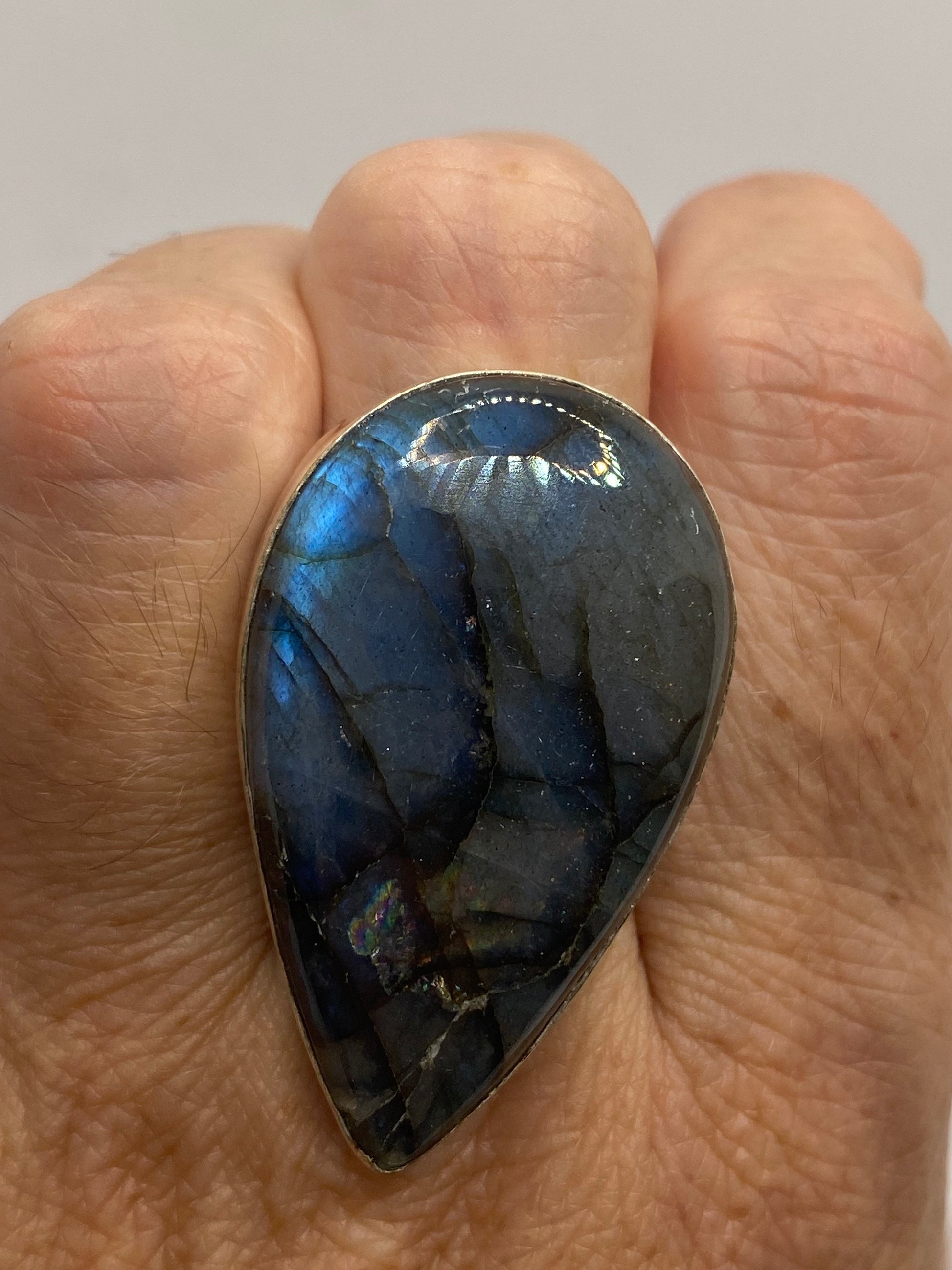 Vintage Large Labradorite Rainbow Moonstone Stone Silver Ring