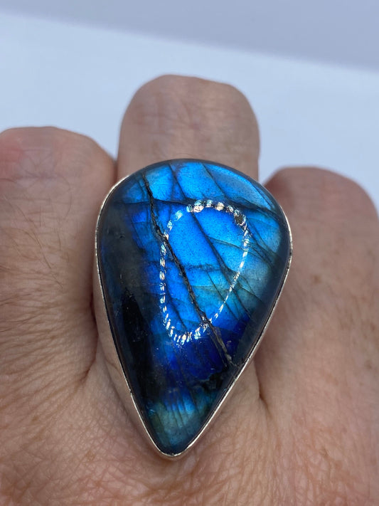 Vintage Large Labradorite Rainbow Moonstone Stone Silver Ring