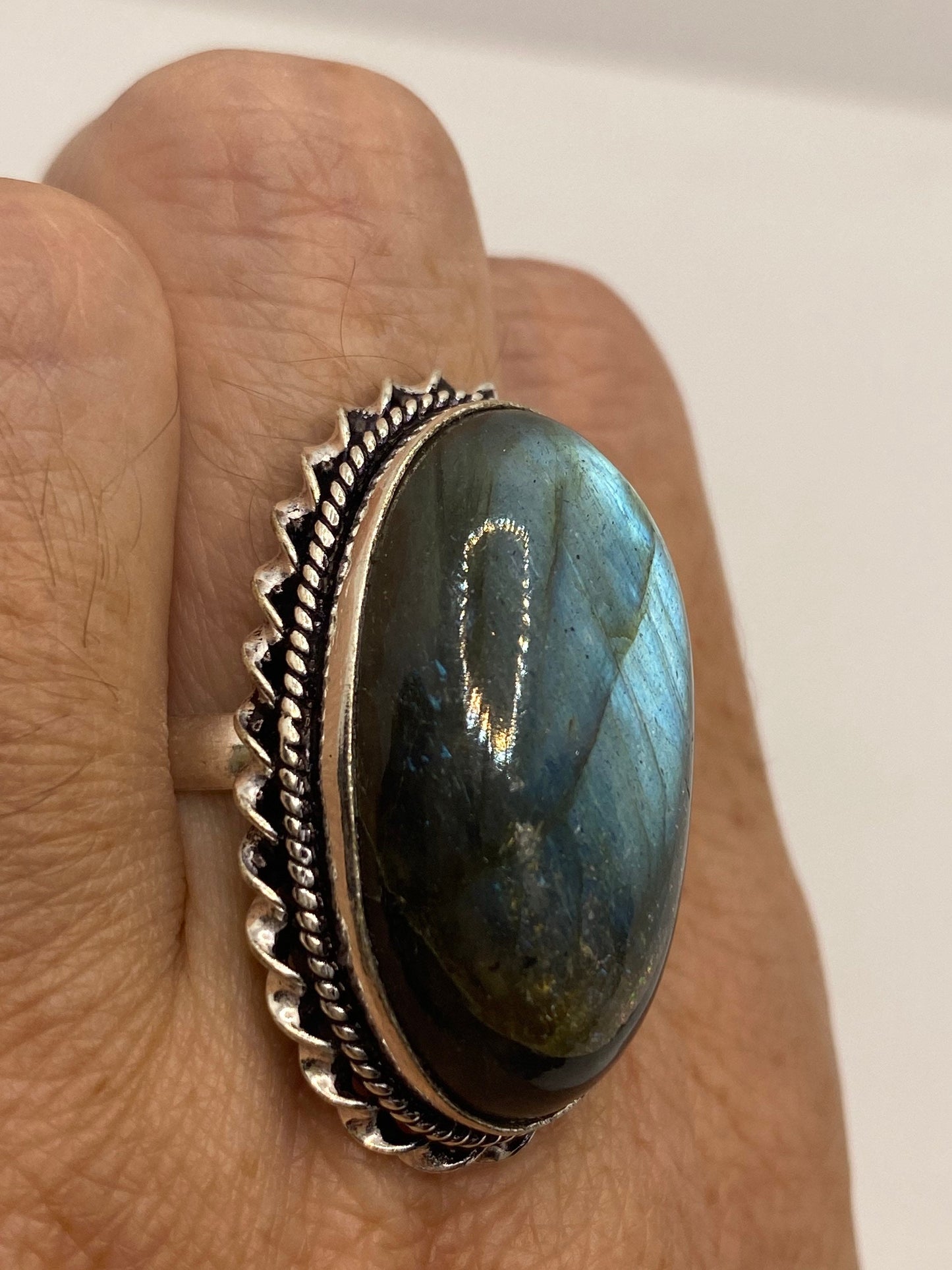 Vintage Large Labradorite Rainbow Moonstone Stone Silver Ring