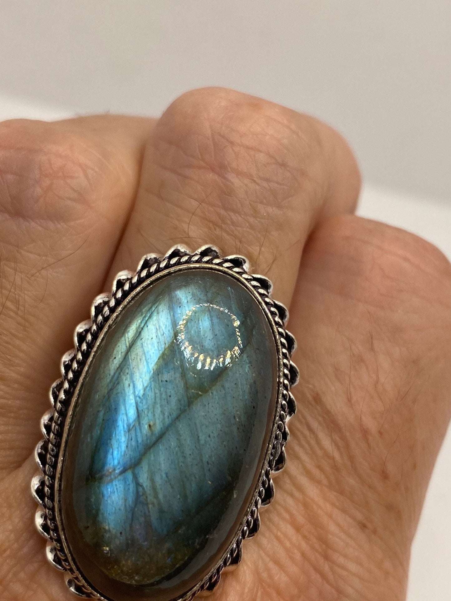 Vintage Large Labradorite Rainbow Moonstone Stone Silver Ring