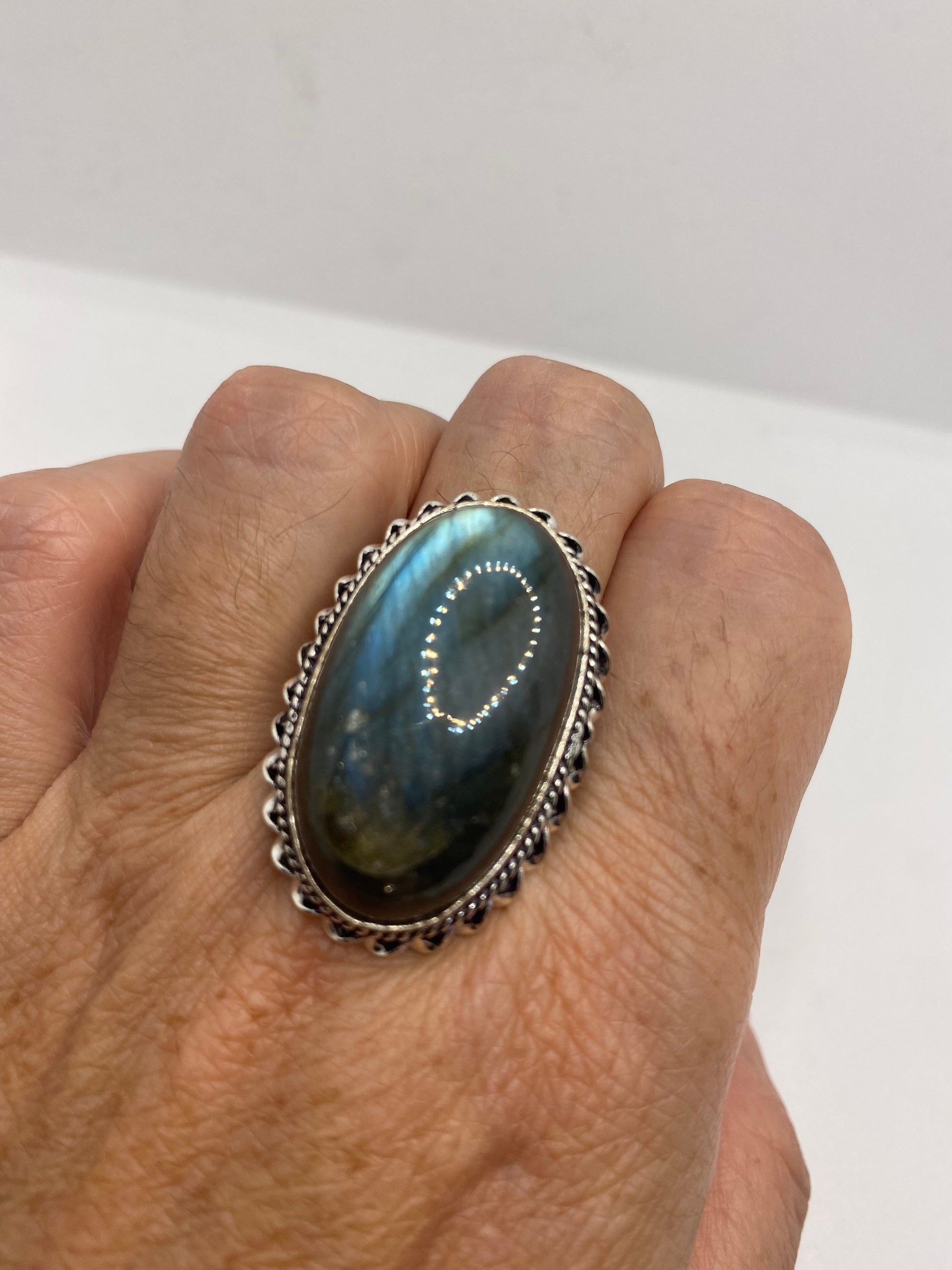 Vintage Large Labradorite Rainbow Moonstone Stone Silver Ring