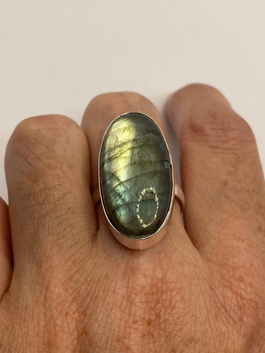 Vintage Large Labradorite Rainbow Moonstone Stone Silver Ring