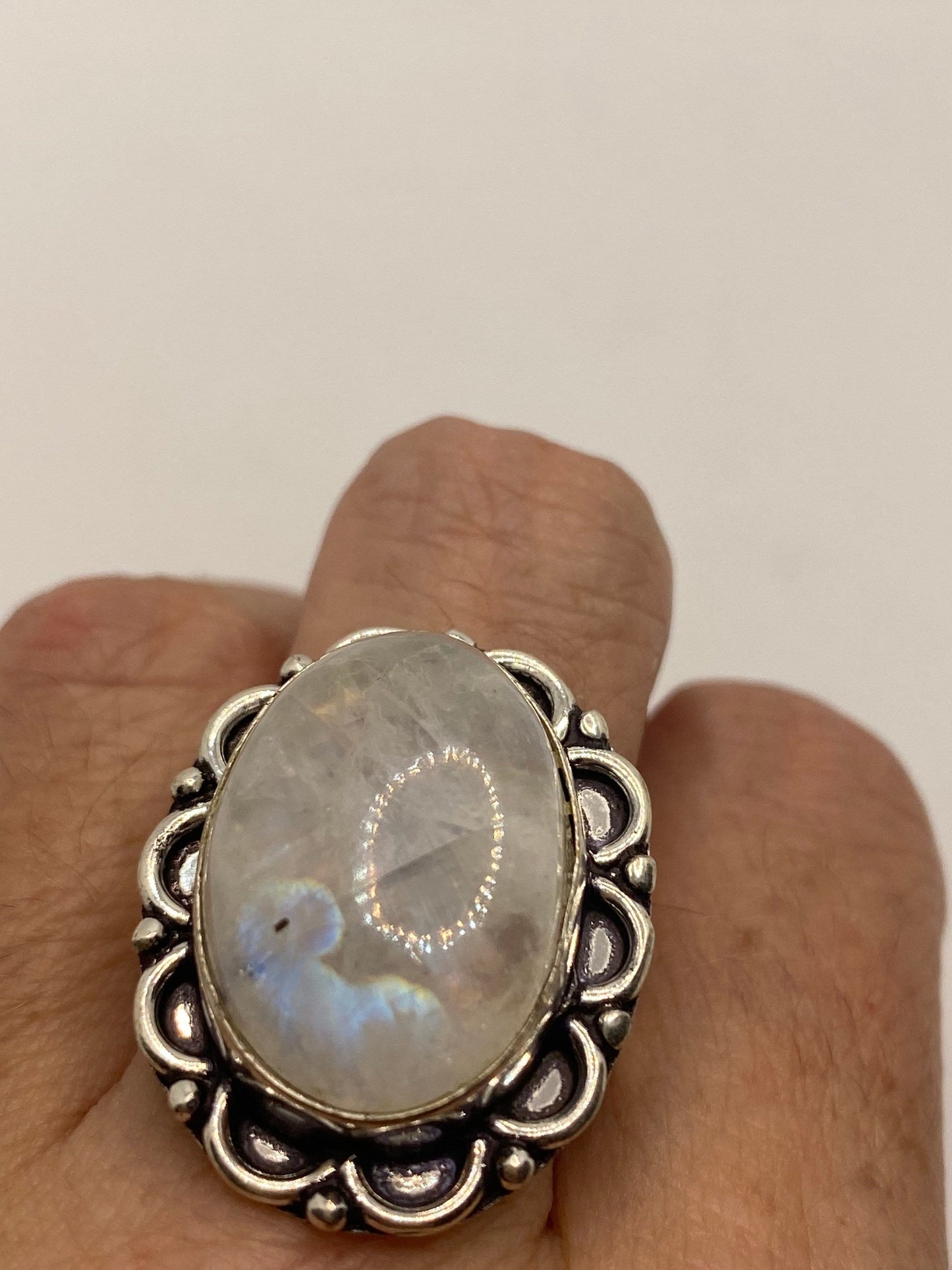 Vintage Large Blue White Rainbow Moonstone Stone Silver Ring