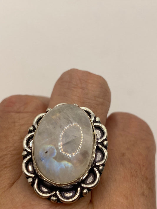 Vintage Large Blue White Rainbow Moonstone Stone Silver Ring