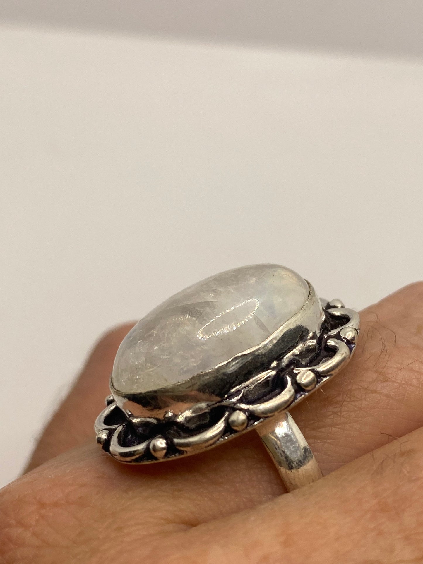 Vintage Large Blue White Rainbow Moonstone Stone Silver Ring