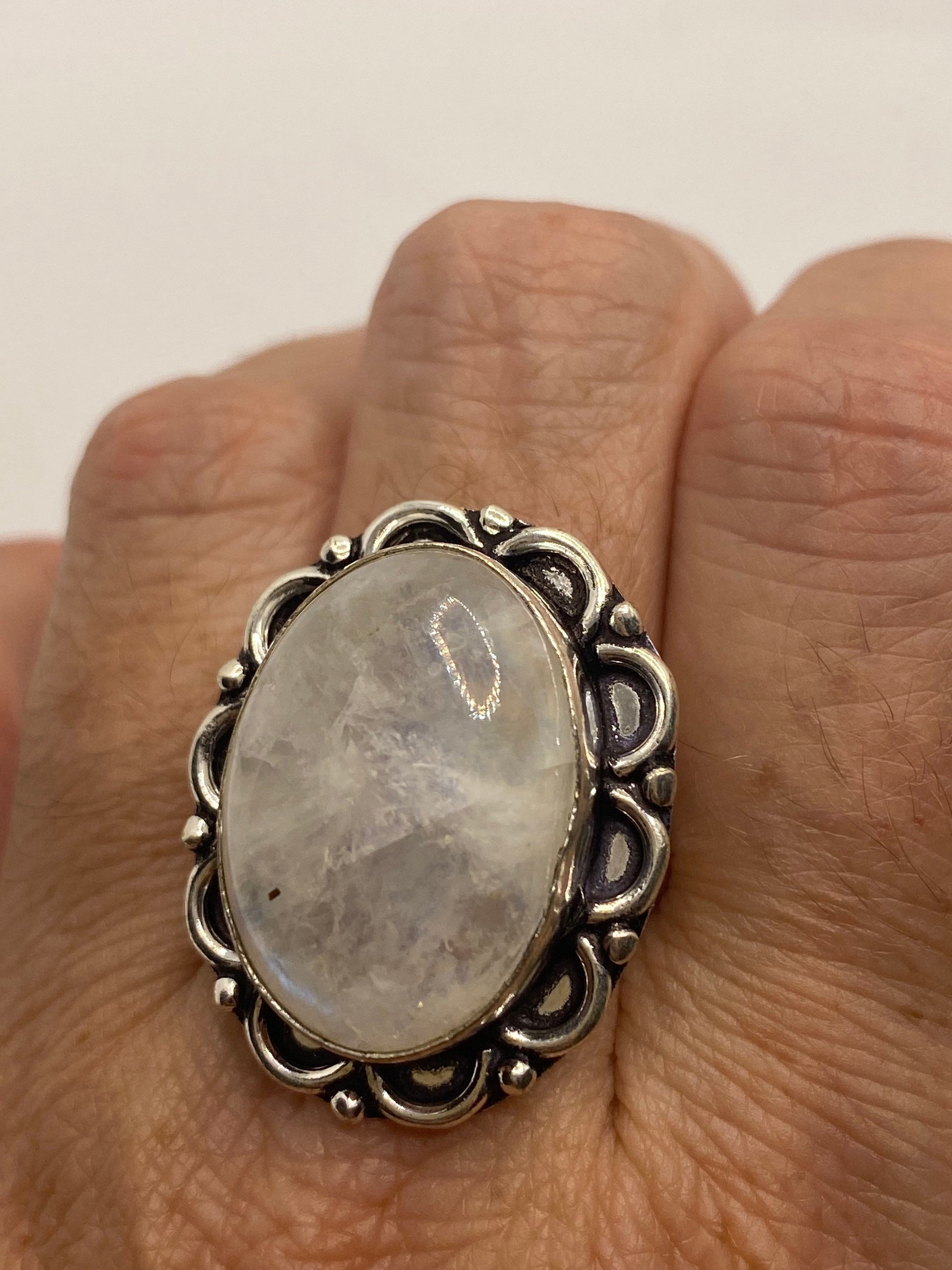 Vintage Large Blue White Rainbow Moonstone Stone Silver Ring