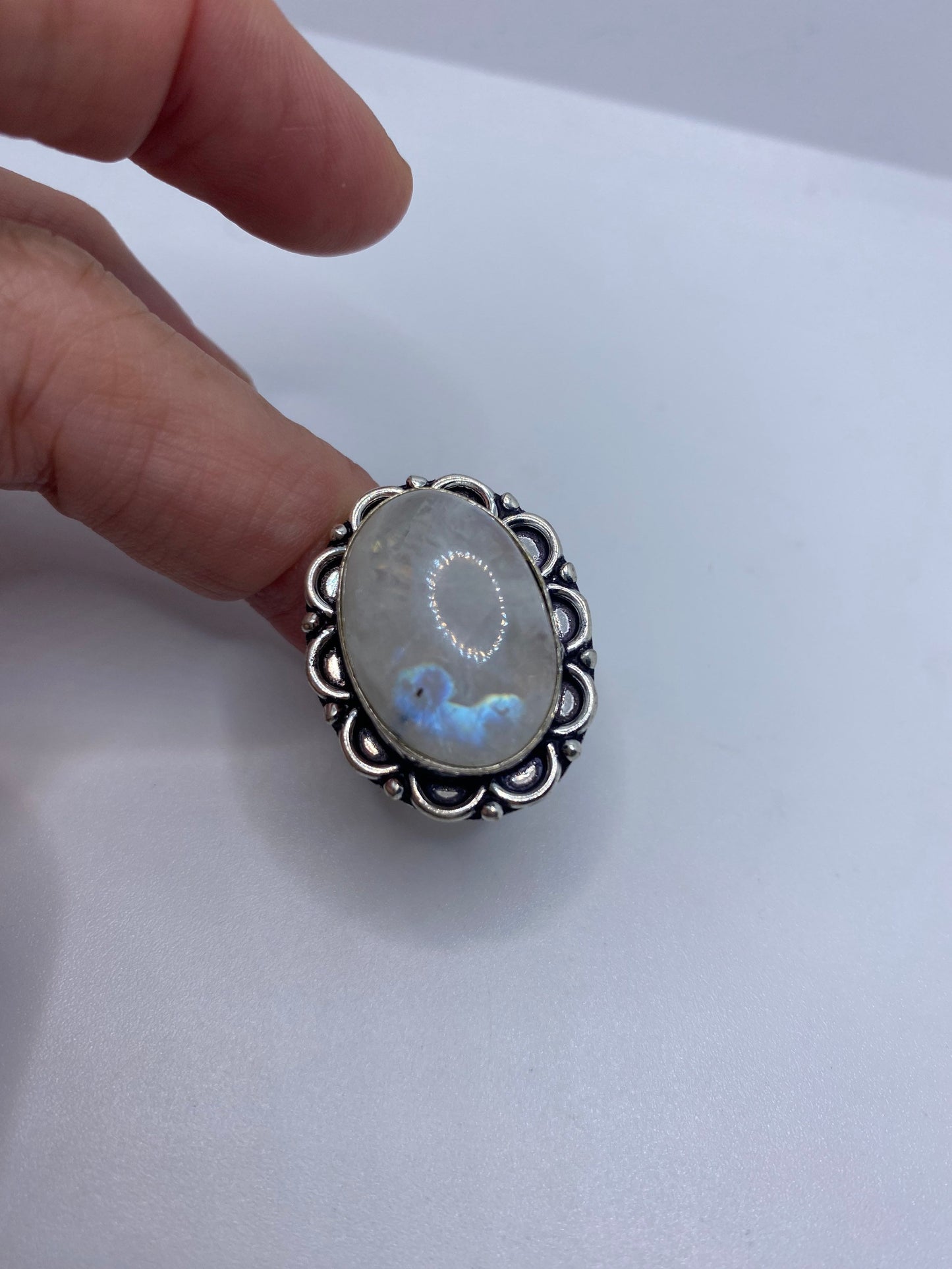 Vintage Large Blue White Rainbow Moonstone Stone Silver Ring