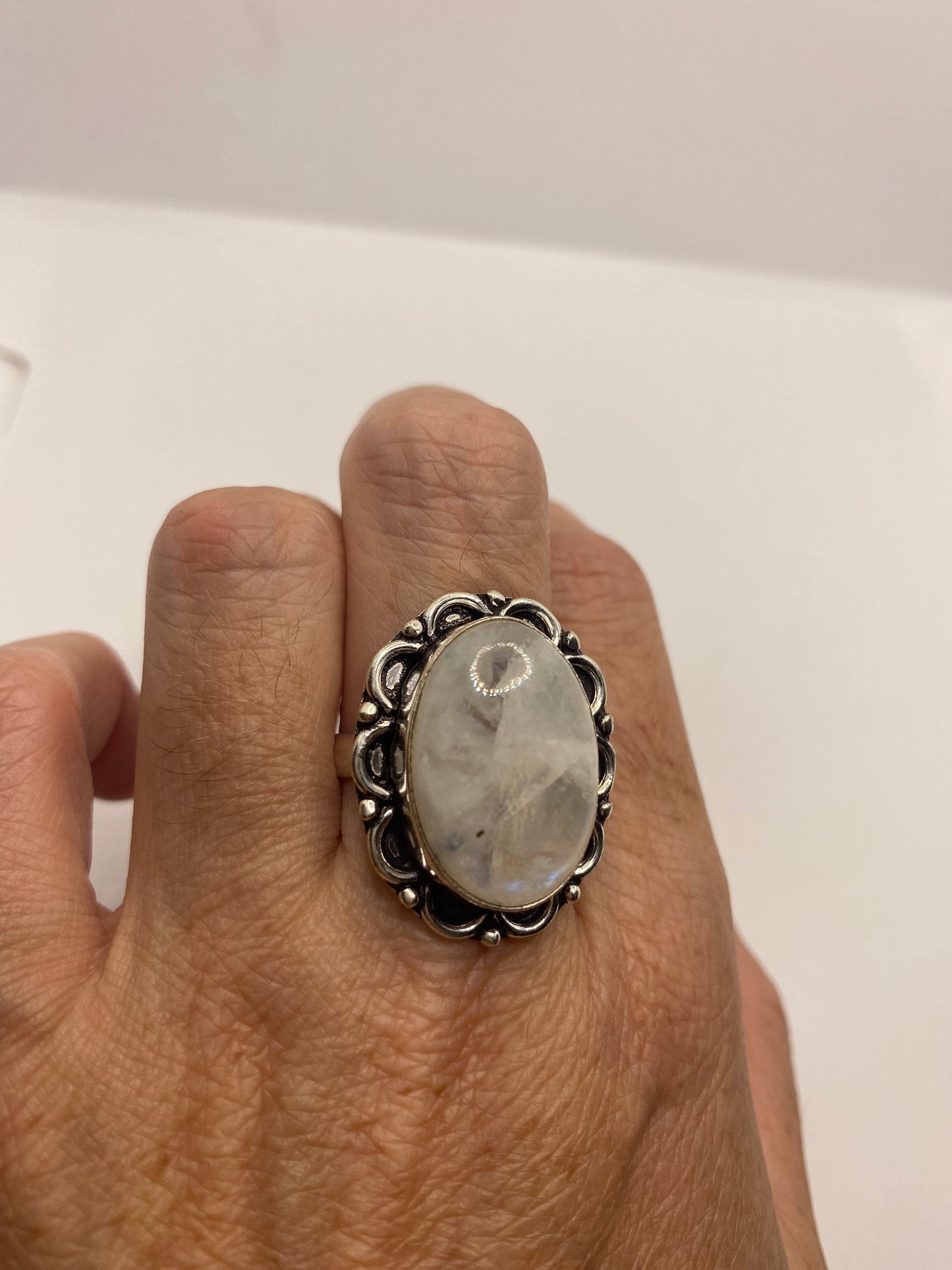 Vintage Large Blue White Rainbow Moonstone Stone Silver Ring