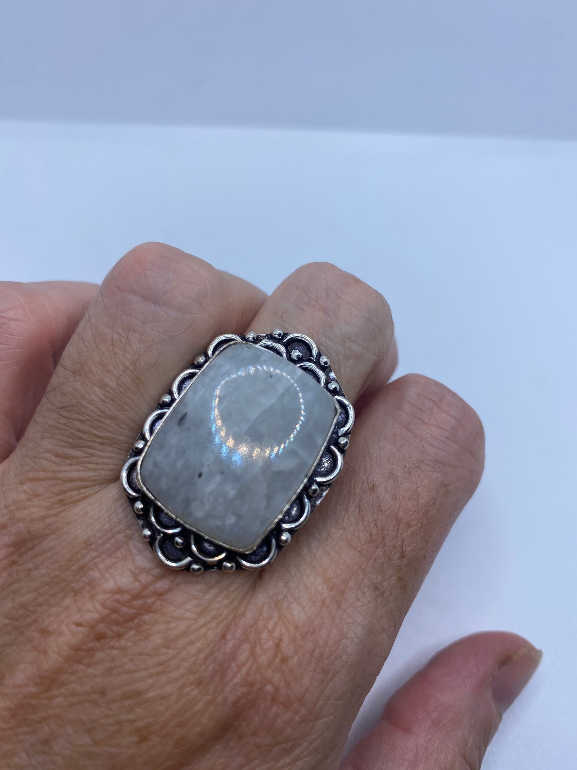 Vintage Large Blue White Rainbow Moonstone Stone Silver Ring