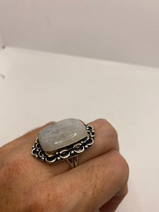 Vintage Large Blue White Rainbow Moonstone Stone Silver Ring