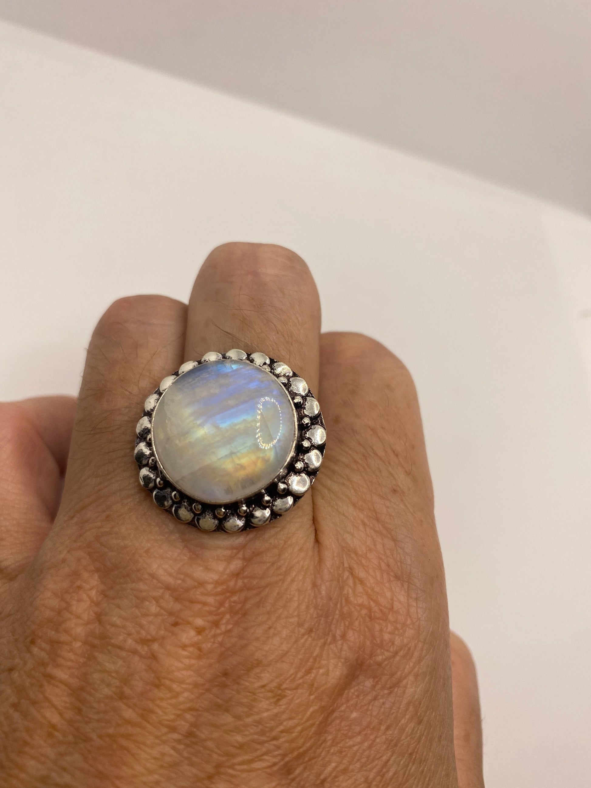 Vintage Large Blue White Rainbow Moonstone Stone Silver Ring