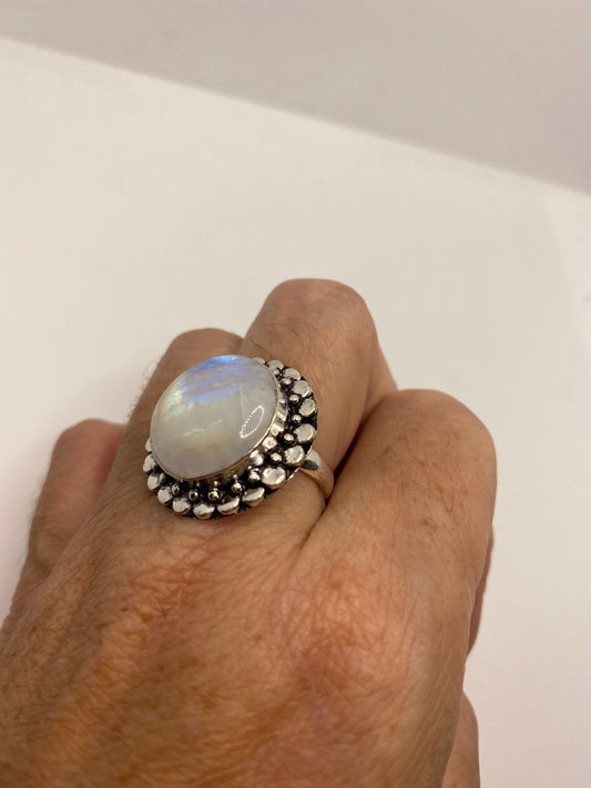 Vintage Large Blue White Rainbow Moonstone Stone Silver Ring