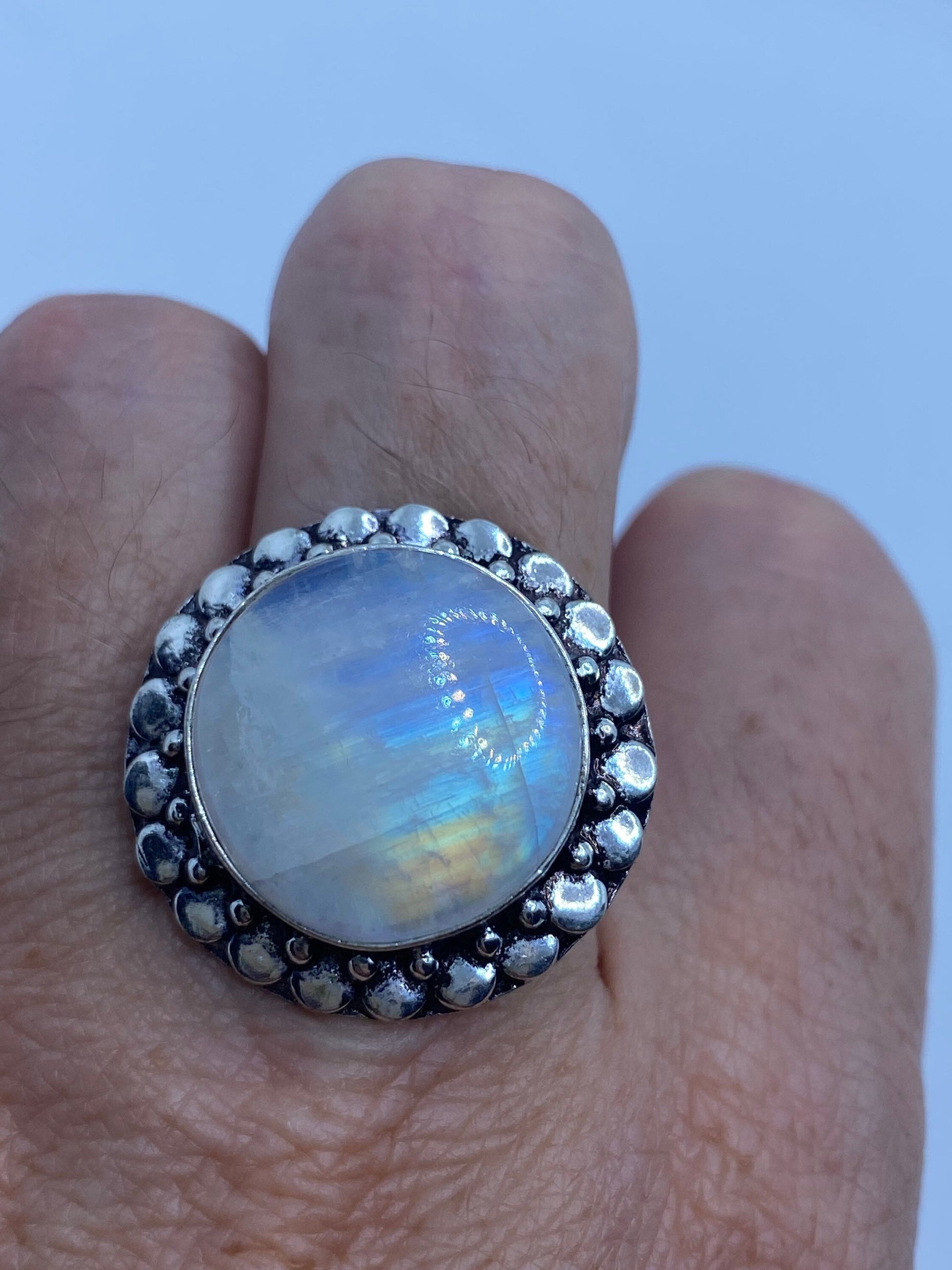 Vintage Large Blue White Rainbow Moonstone Stone Silver Ring