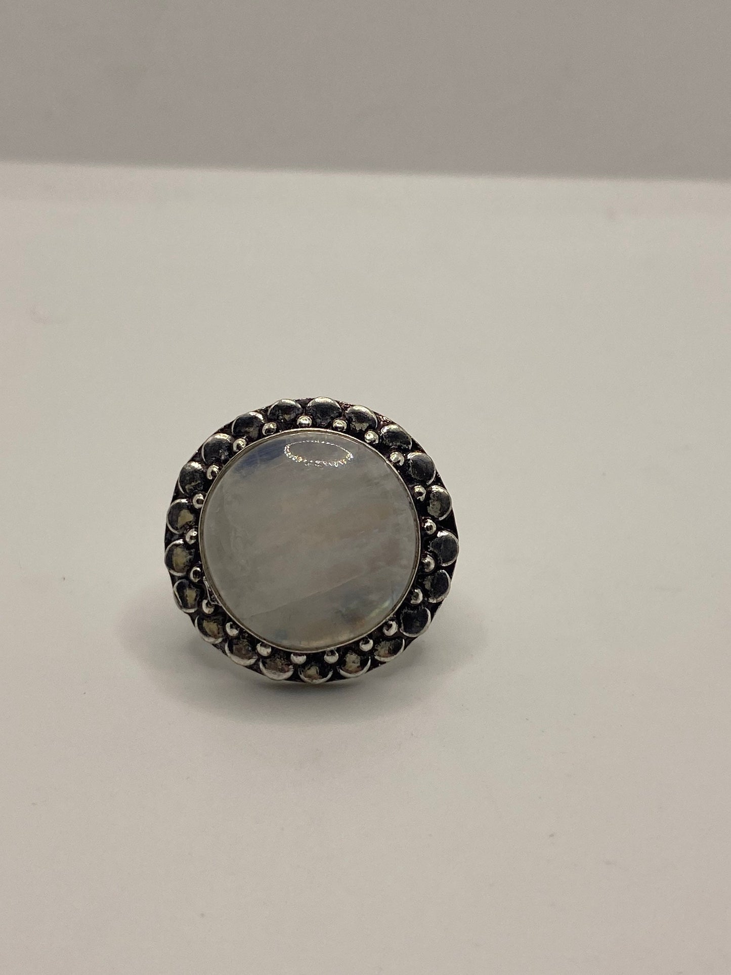 Vintage Large Blue White Rainbow Moonstone Stone Silver Ring