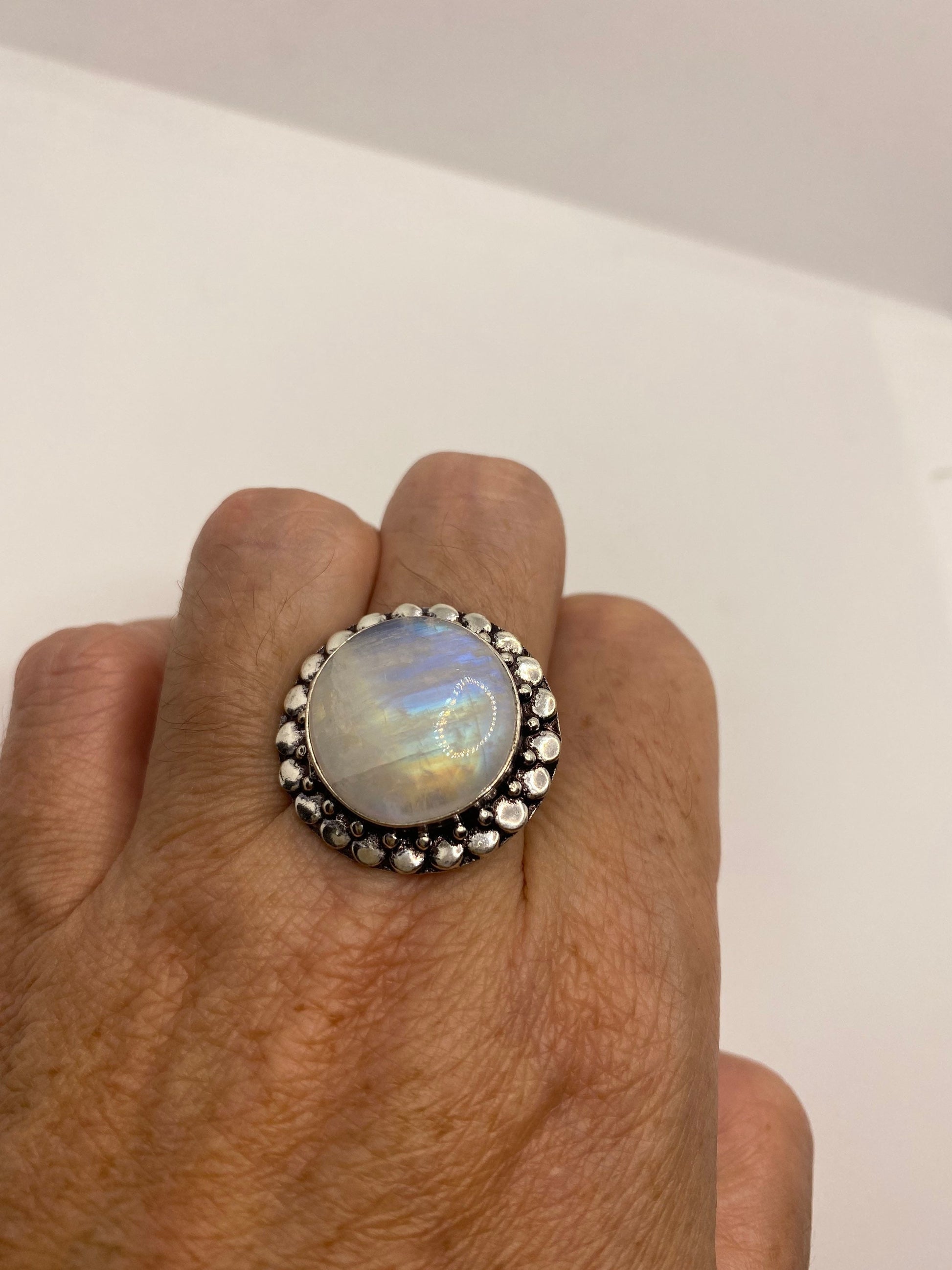 Vintage Large Blue White Rainbow Moonstone Stone Silver Ring