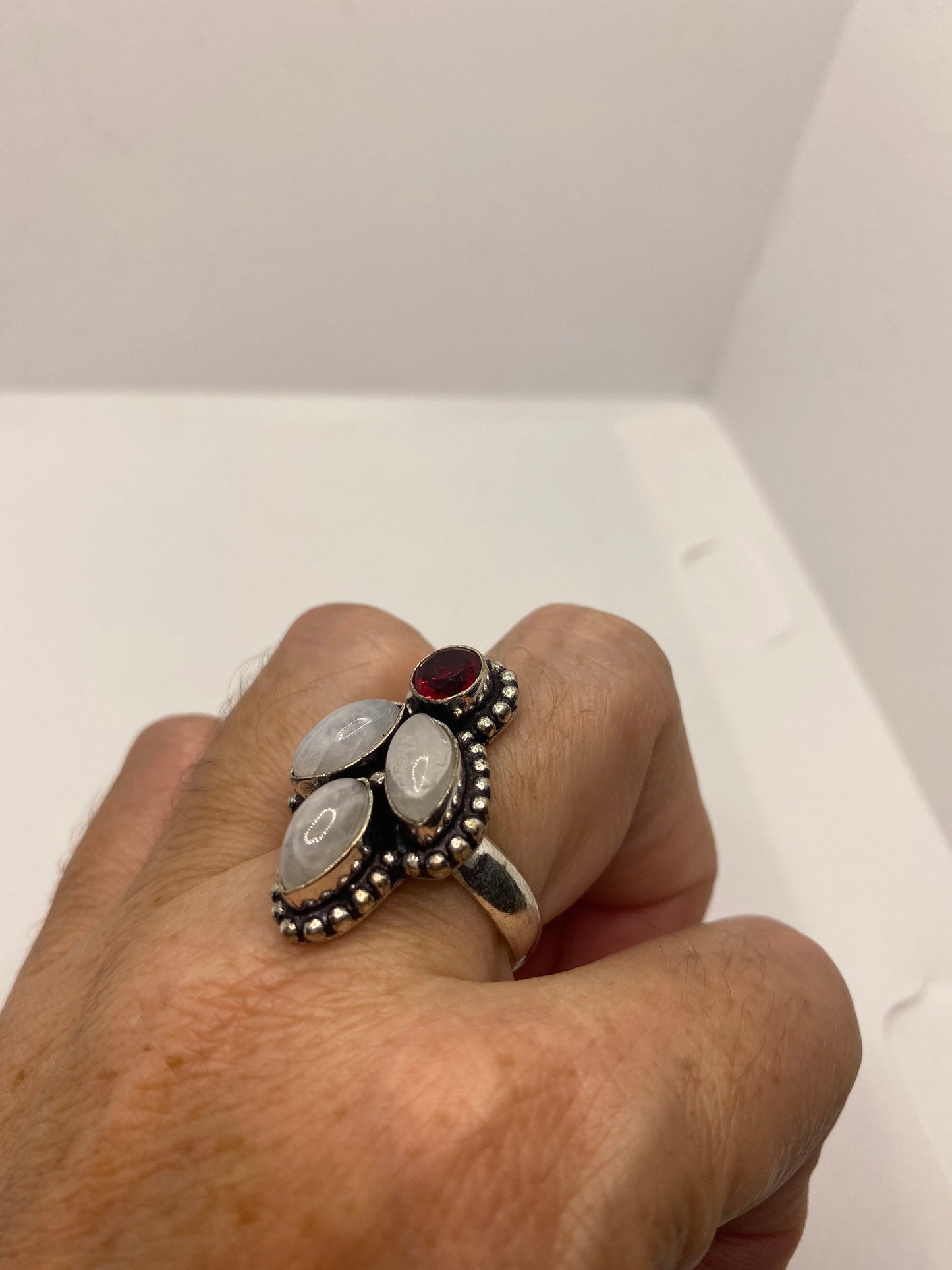 Vintage Blue White Rainbow Moonstone Stone Silver Ring