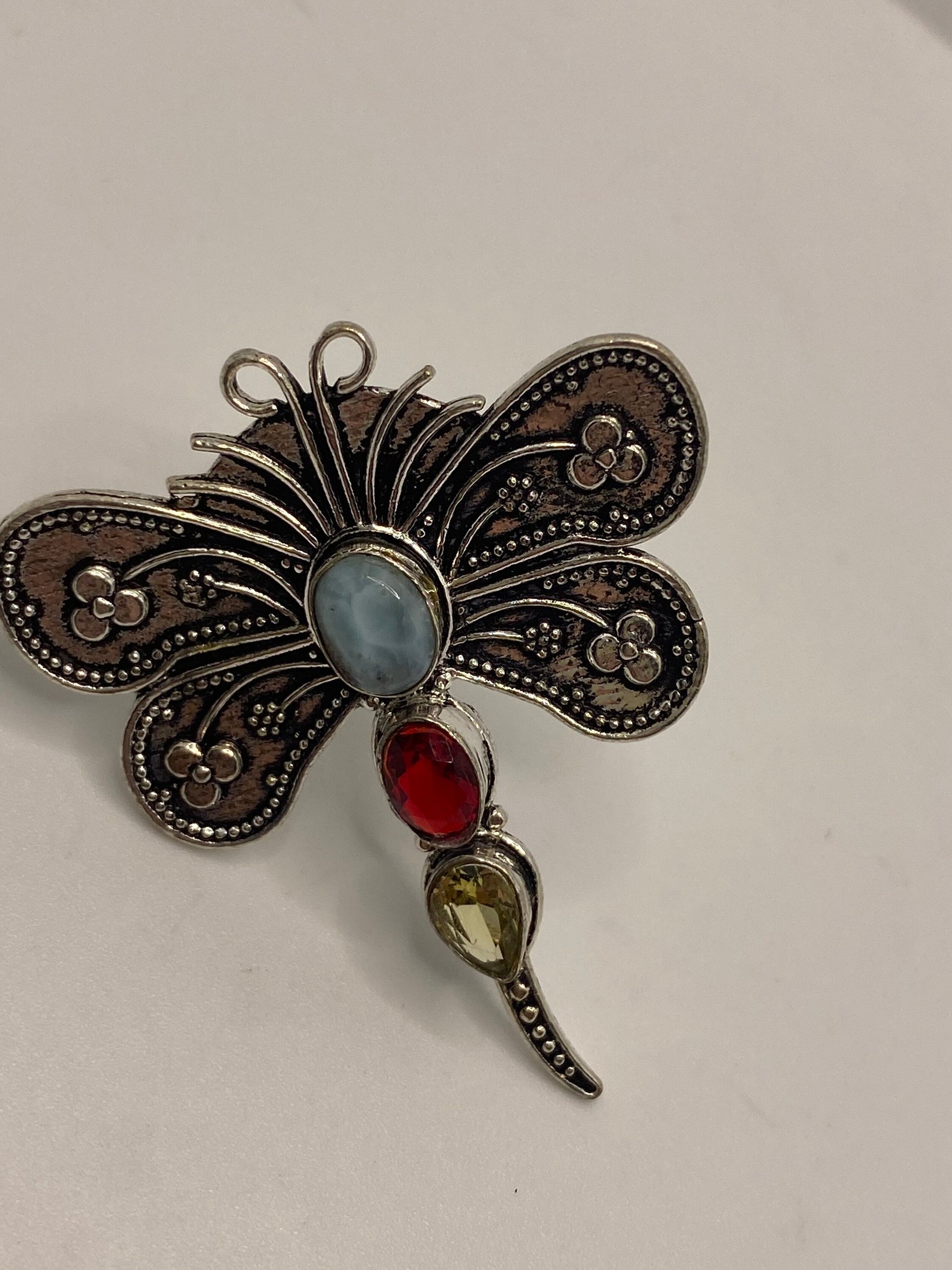 Vintage Red Ruby Glass Citrine Larimar Dragonfly Ring Antique Cocktail