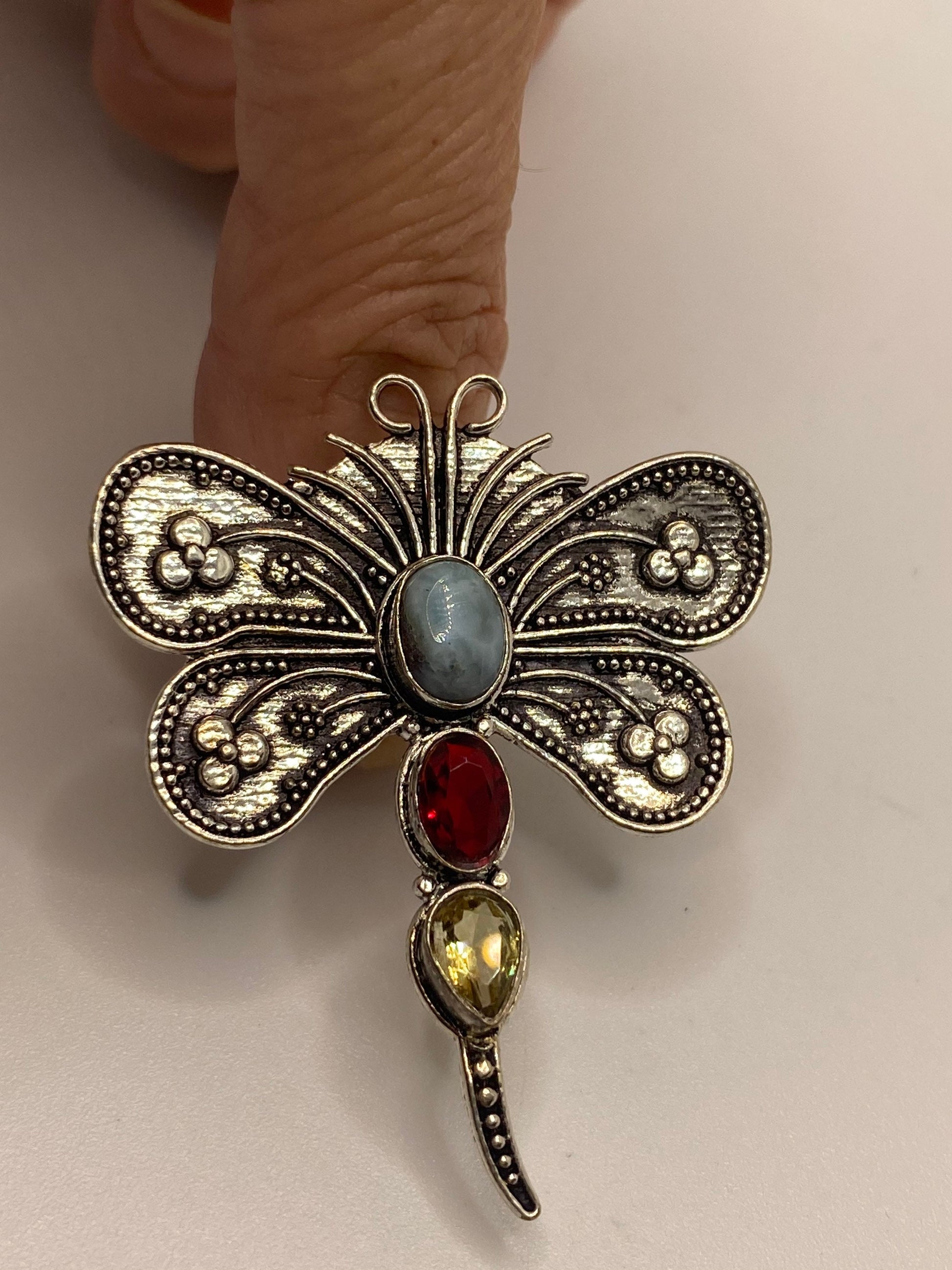 Vintage Red Ruby Glass Citrine Larimar Dragonfly Ring Antique Cocktail