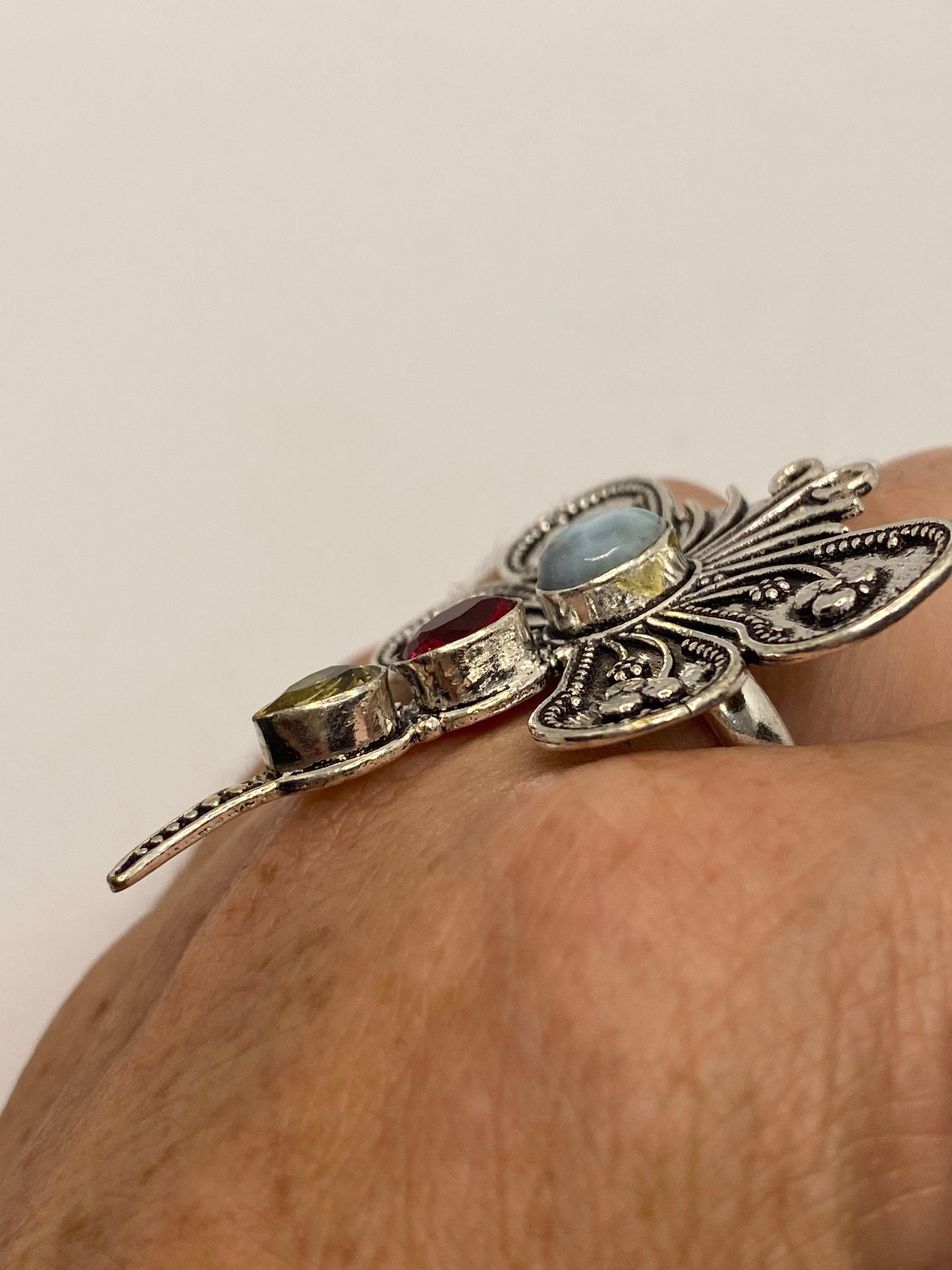 Vintage Red Ruby Glass Citrine Larimar Dragonfly Ring Antique Cocktail