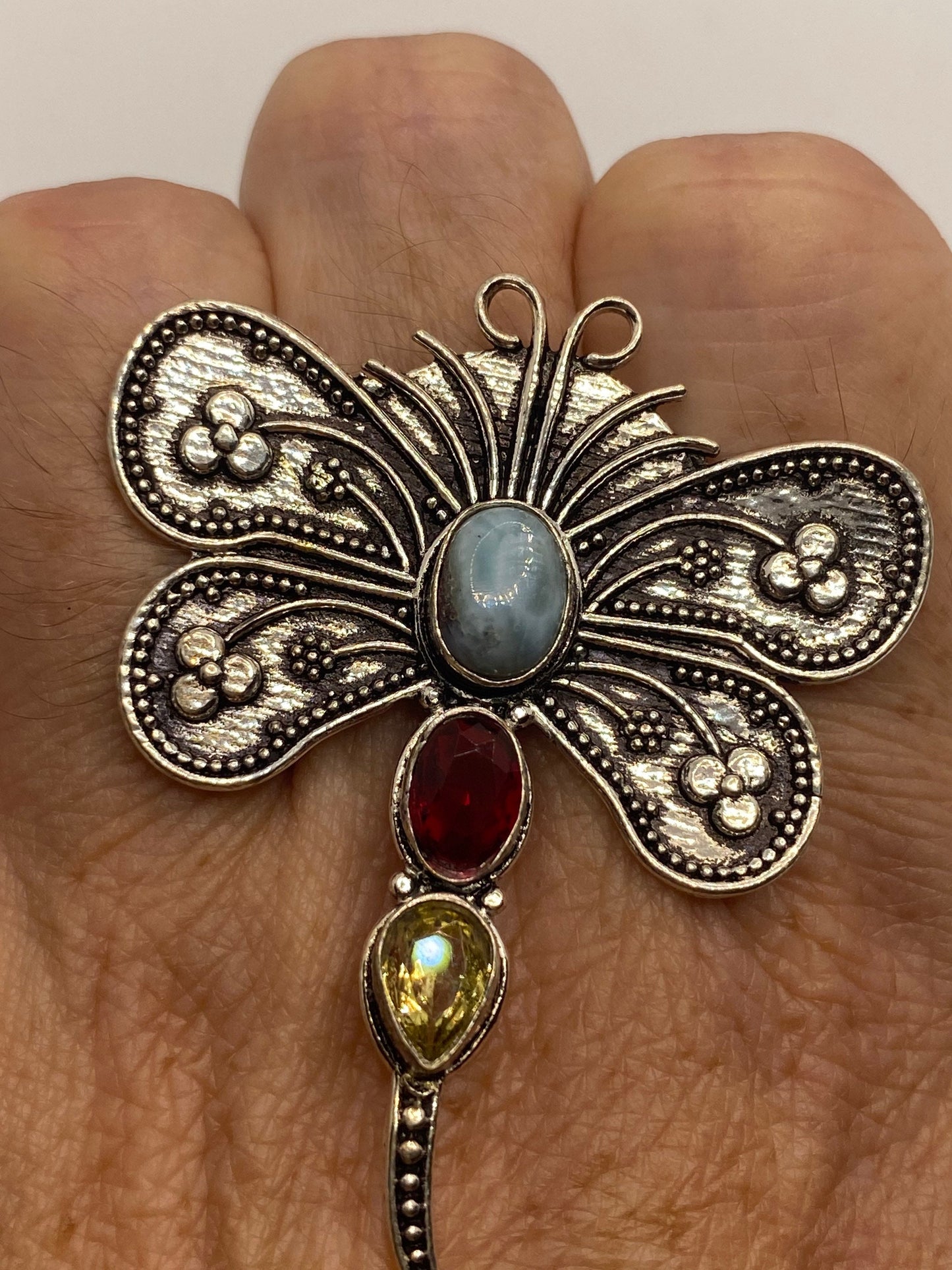 Vintage Red Ruby Glass Citrine Larimar Dragonfly Ring Antique Cocktail