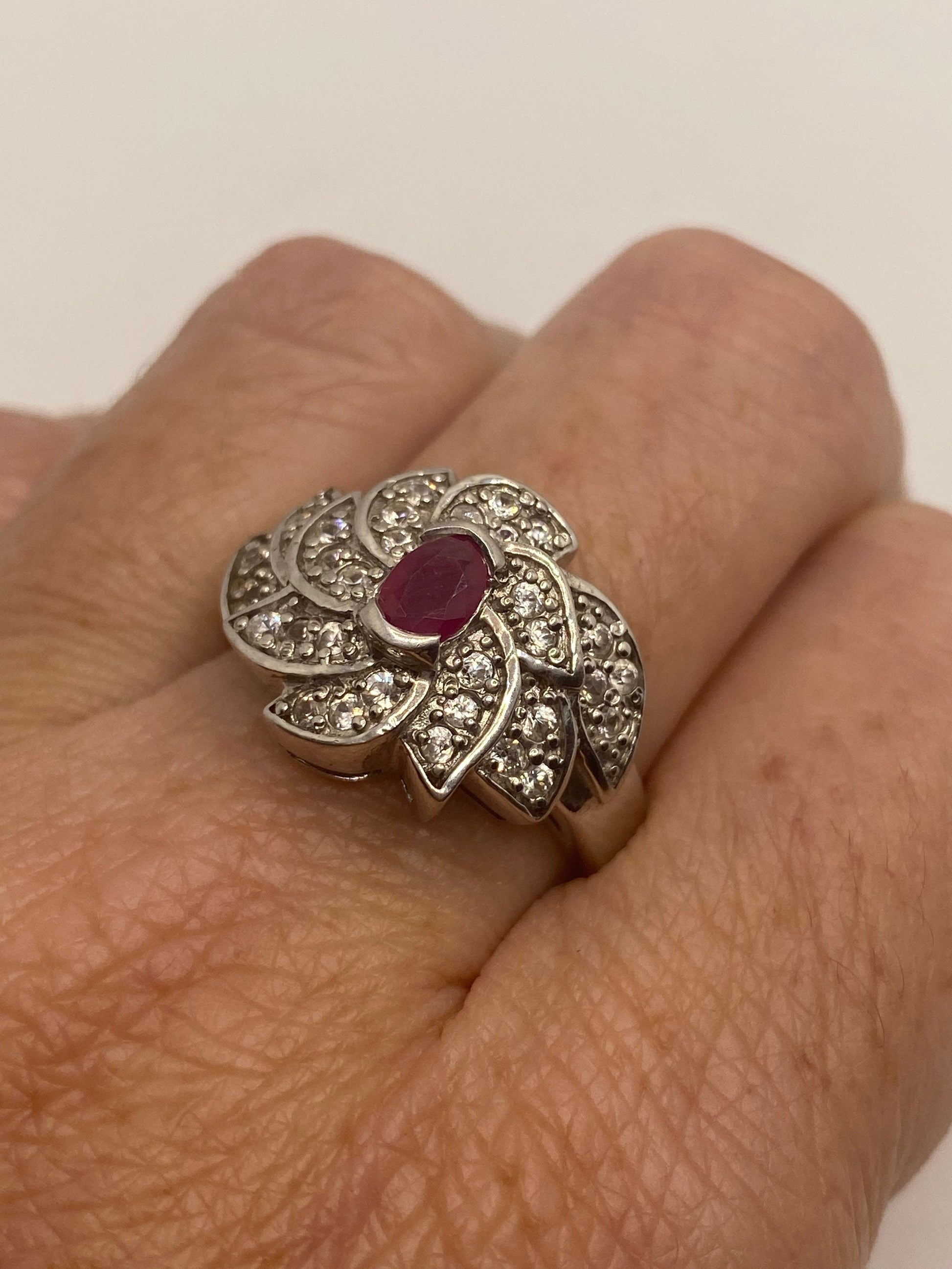 Vintage Pink Ruby 925 Sterling Silver Wedding Band Ring