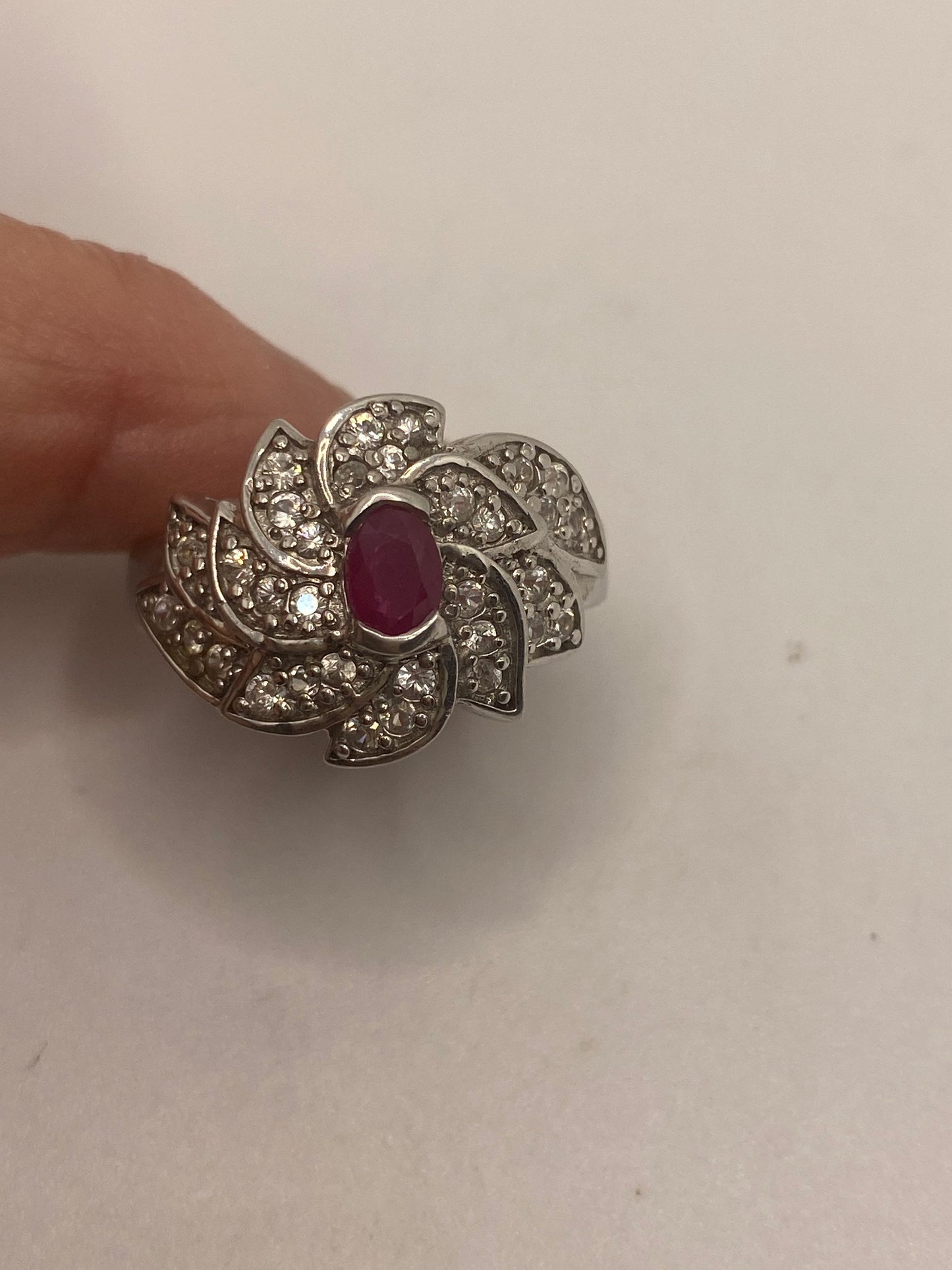 Vintage Pink Ruby 925 Sterling Silver Wedding Band Ring