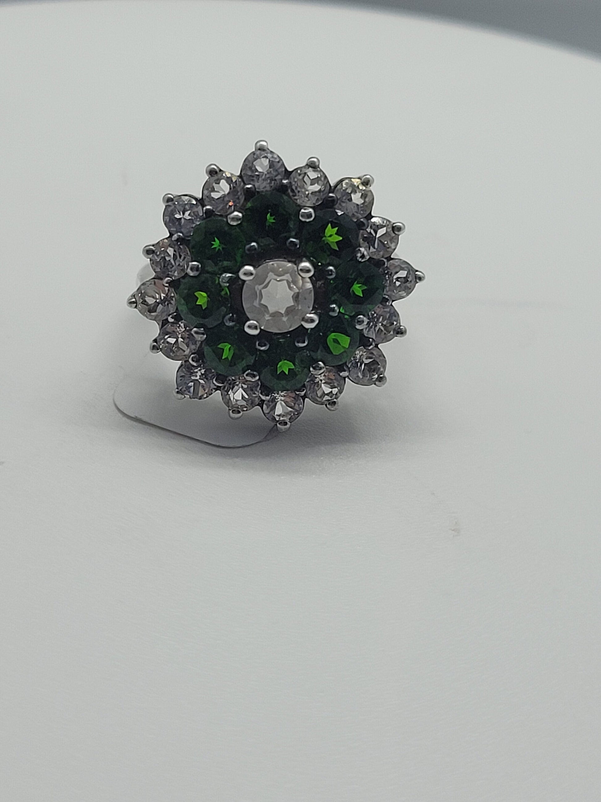 Vintage Green Chrome Diopside Cocktail Ring with White Topaz set in 925 Sterling Silver