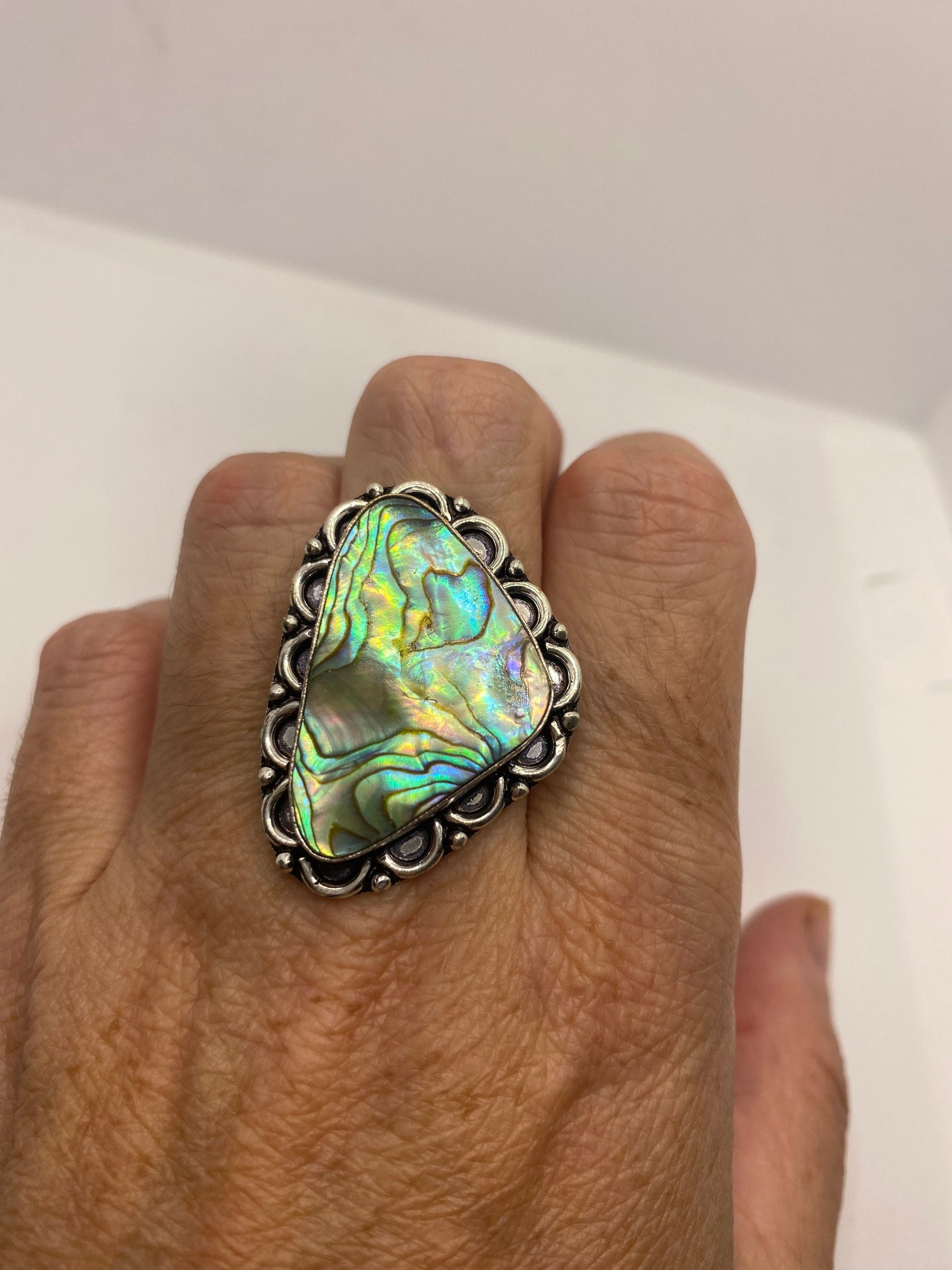 Antique Green Abalone White Bronze Silver Ring