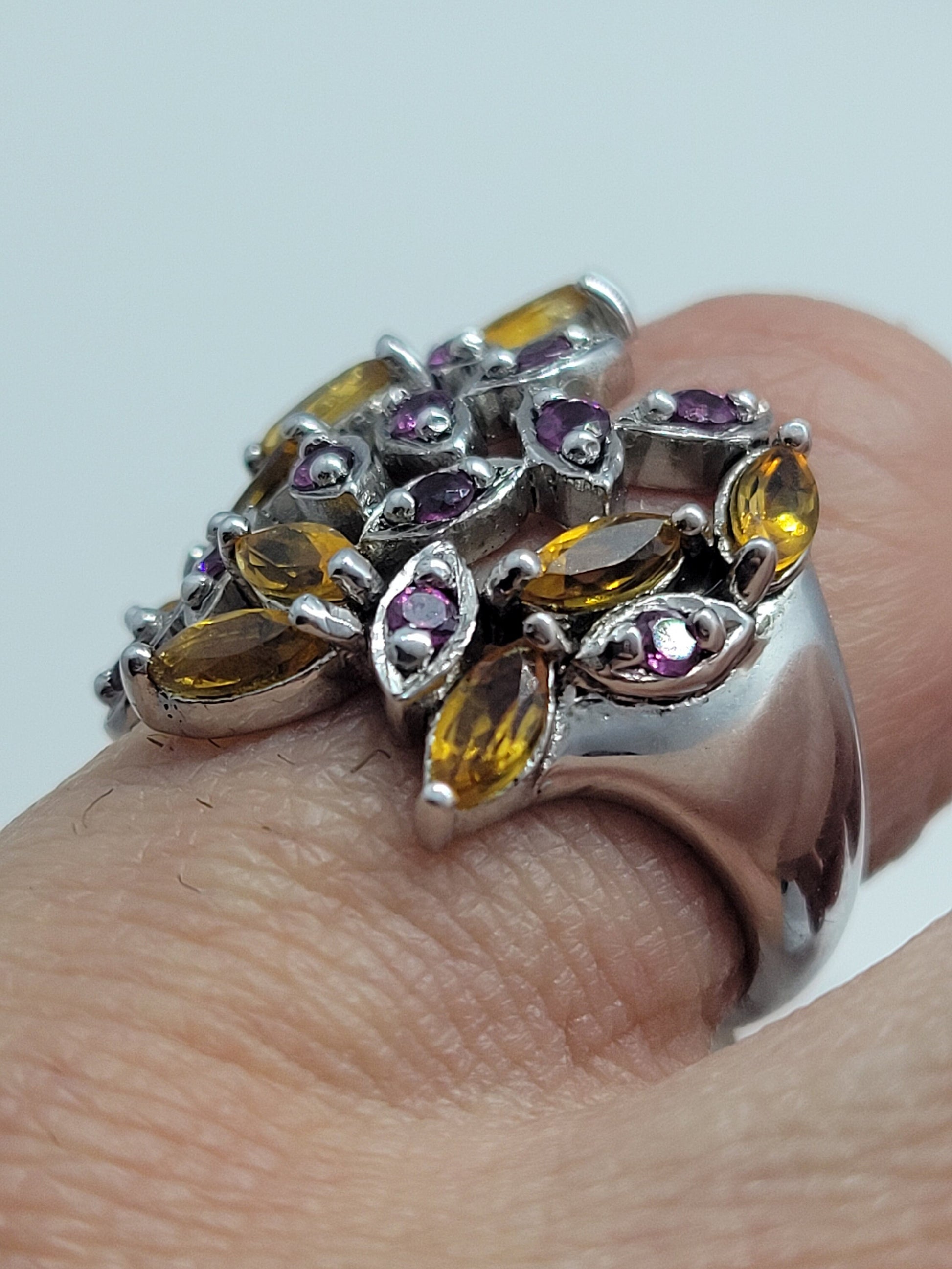 Vintage Yellow Citrine and Purple Amethyst Ring set in 925 Sterling Silver