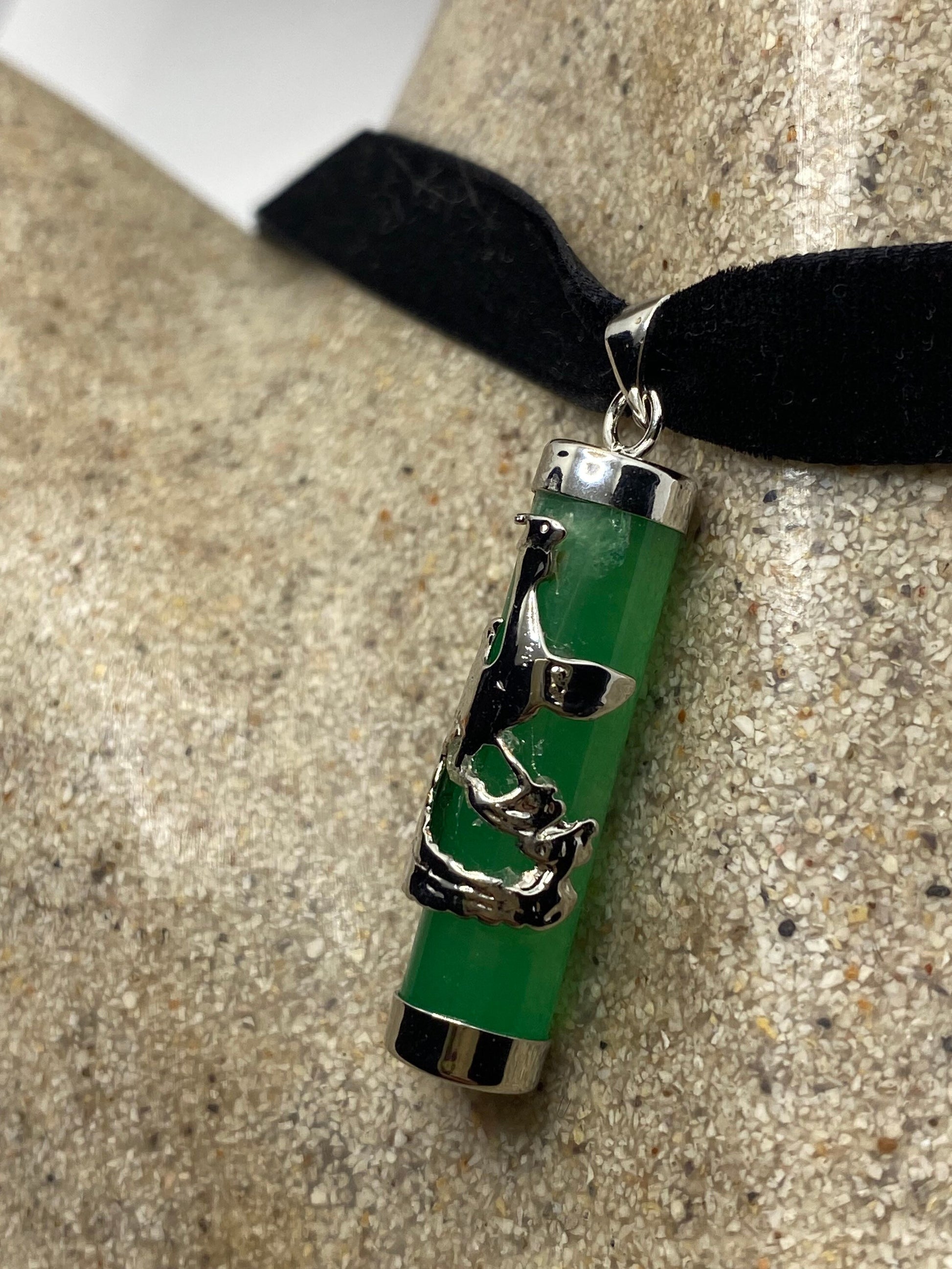 Vintage Green Jade Choker Silver Finish Dragon Necklace Pendant