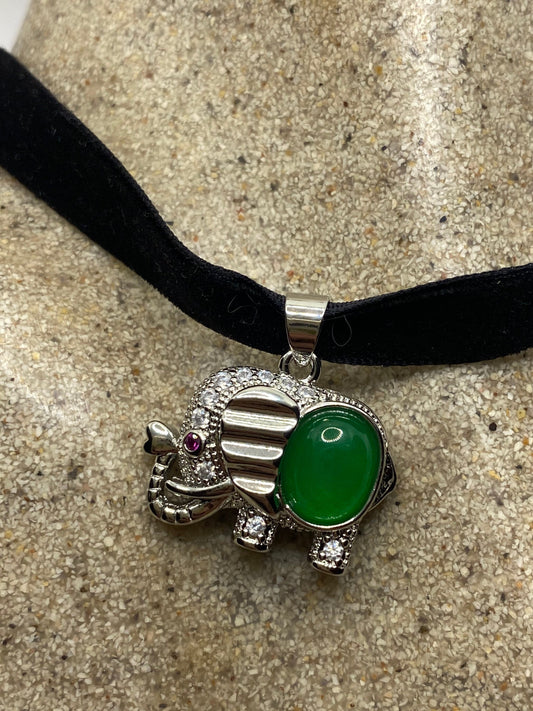 Vintage Green Jade Choker Silver Finish Elephant Necklace Pendant
