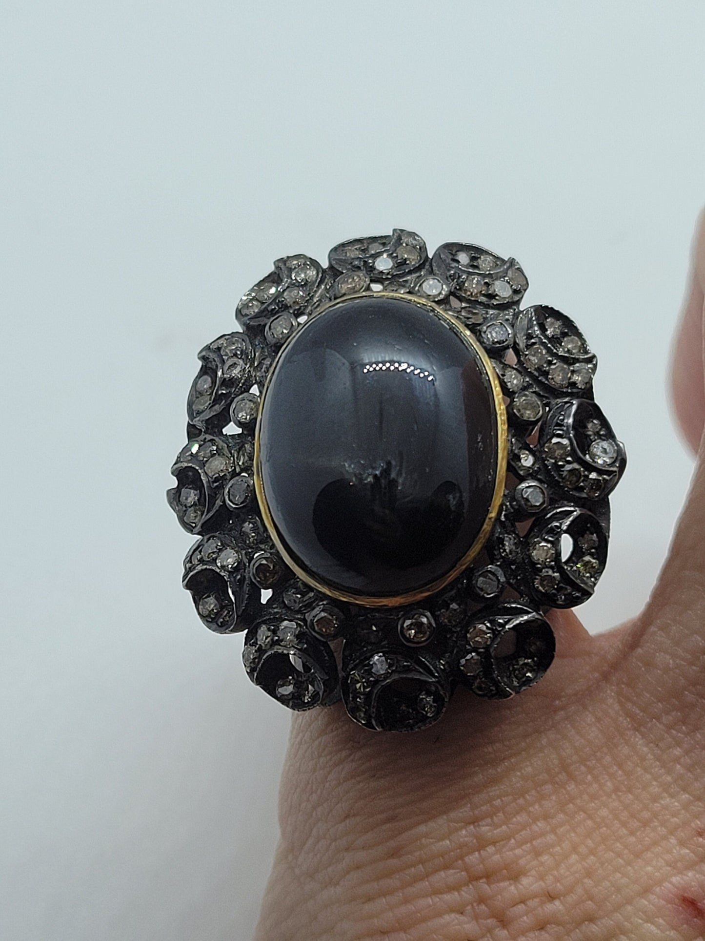 Vintage Black Star of India with Diamond in 925 Sterling Silver and 14k Gold Ring Genuine Star Diopside Genuine Diamond Revival Collection