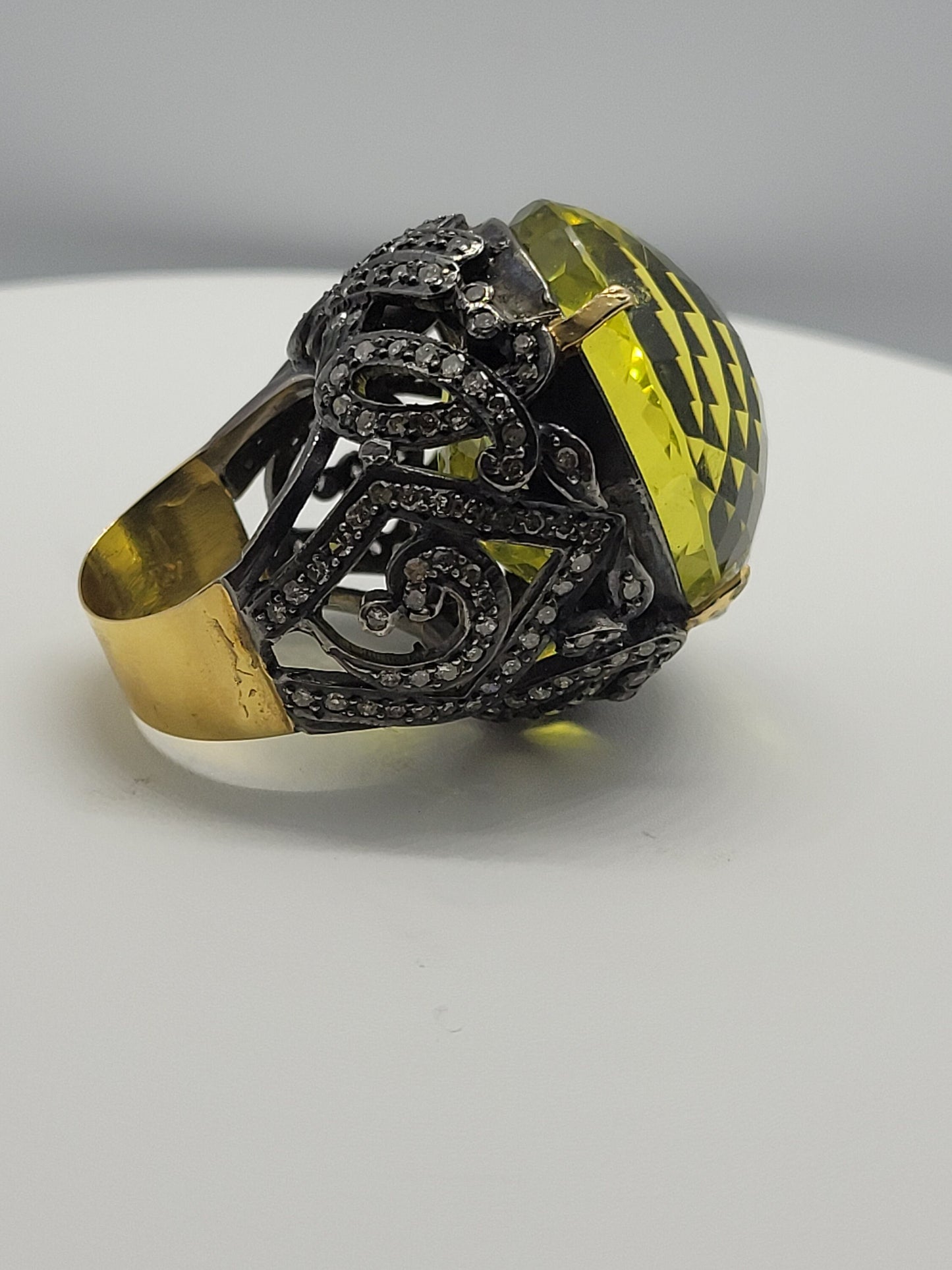 Vintage Lemon Quartz with Diamond in 925 Sterling Silver and 18k Gold Ring with Genuine Lemon Quartz Genuine Diamond Revival Collection