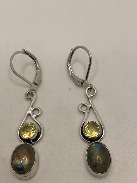 Vintage Citrine Labradorite 925 Sterling Silver Lever Back Earrings