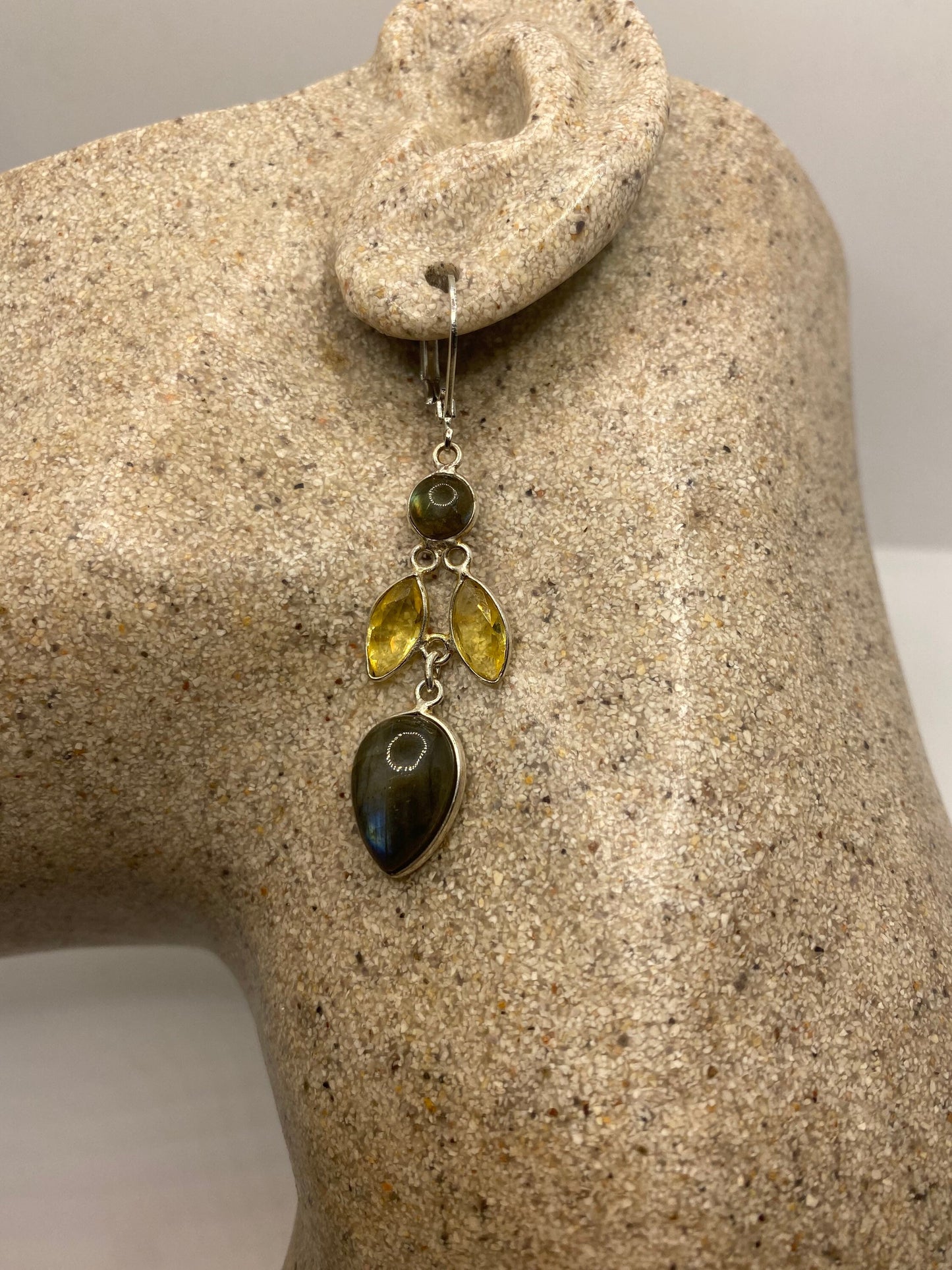 Vintage Citrine Labradorite 925 Sterling Silver Lever Back Earrings