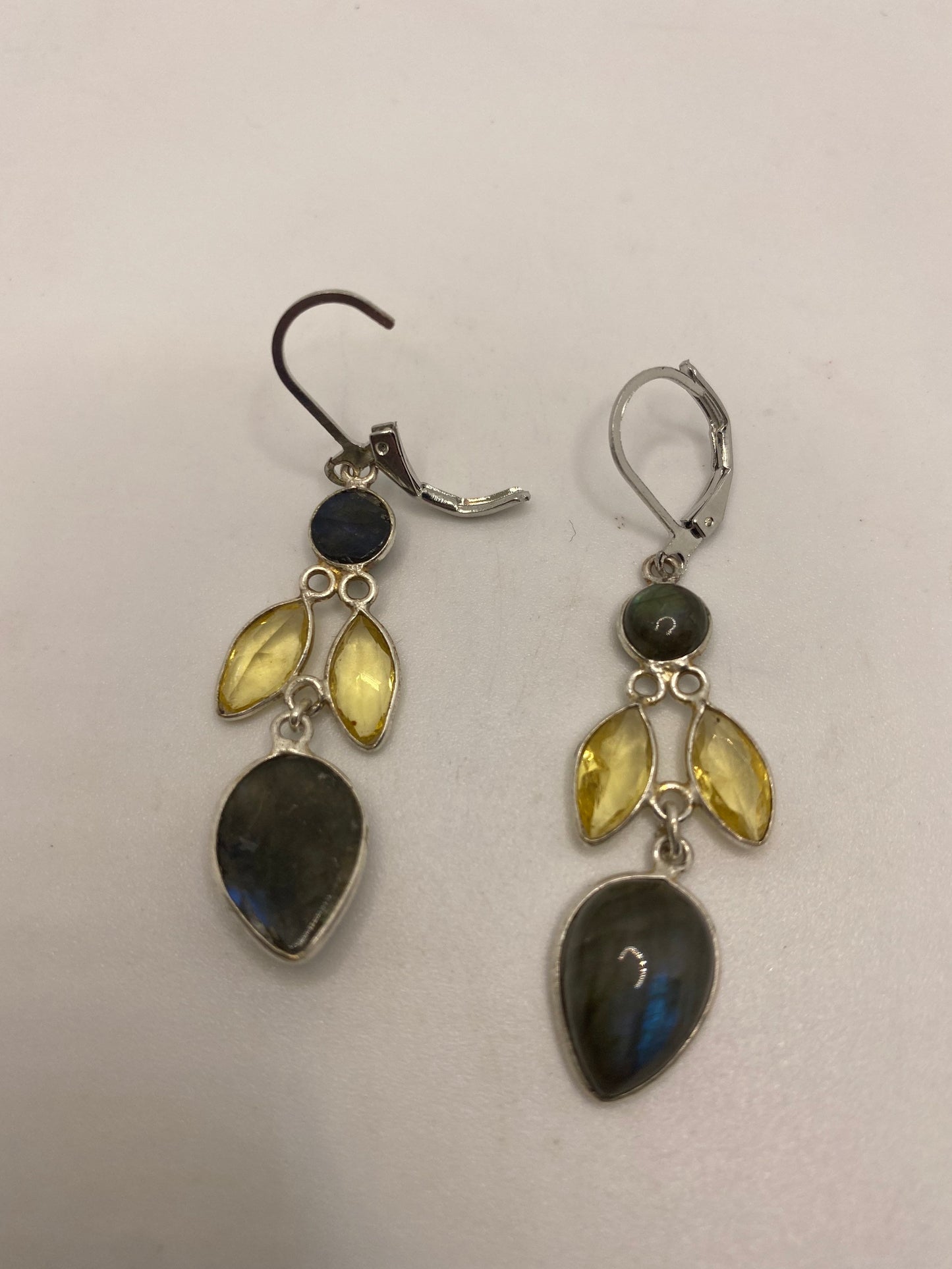 Vintage Citrine Labradorite 925 Sterling Silver Lever Back Earrings