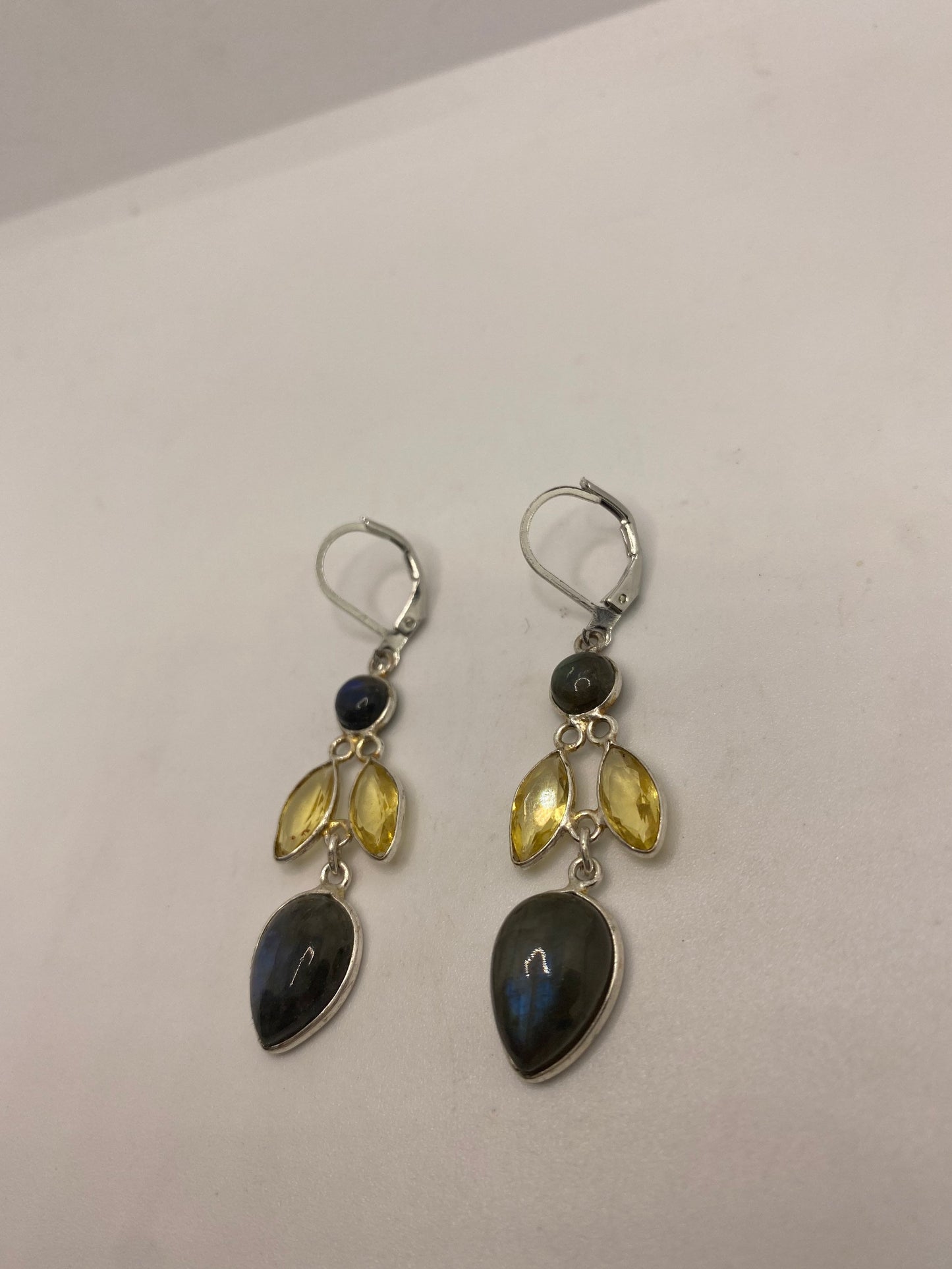 Vintage Citrine Labradorite 925 Sterling Silver Lever Back Earrings