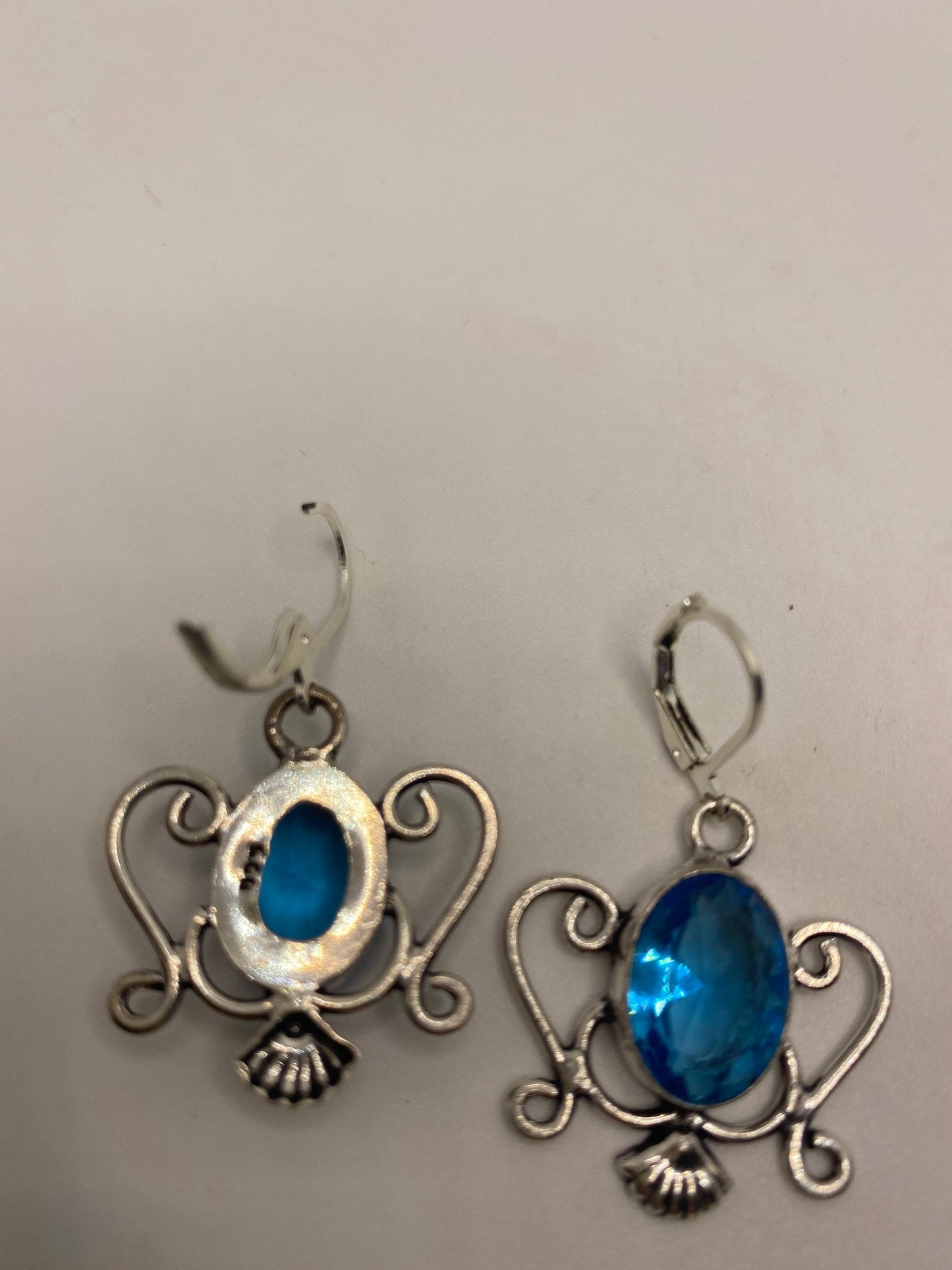 Antique Vintage Aqua Blue Volcanic Glass Silver Dangle Earrings