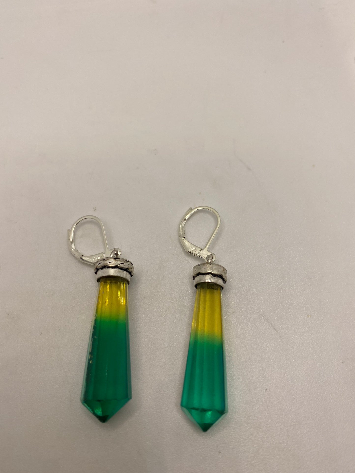 Antique Vintage Green Yellow Volcanic Glass Silver Dangle Earrings