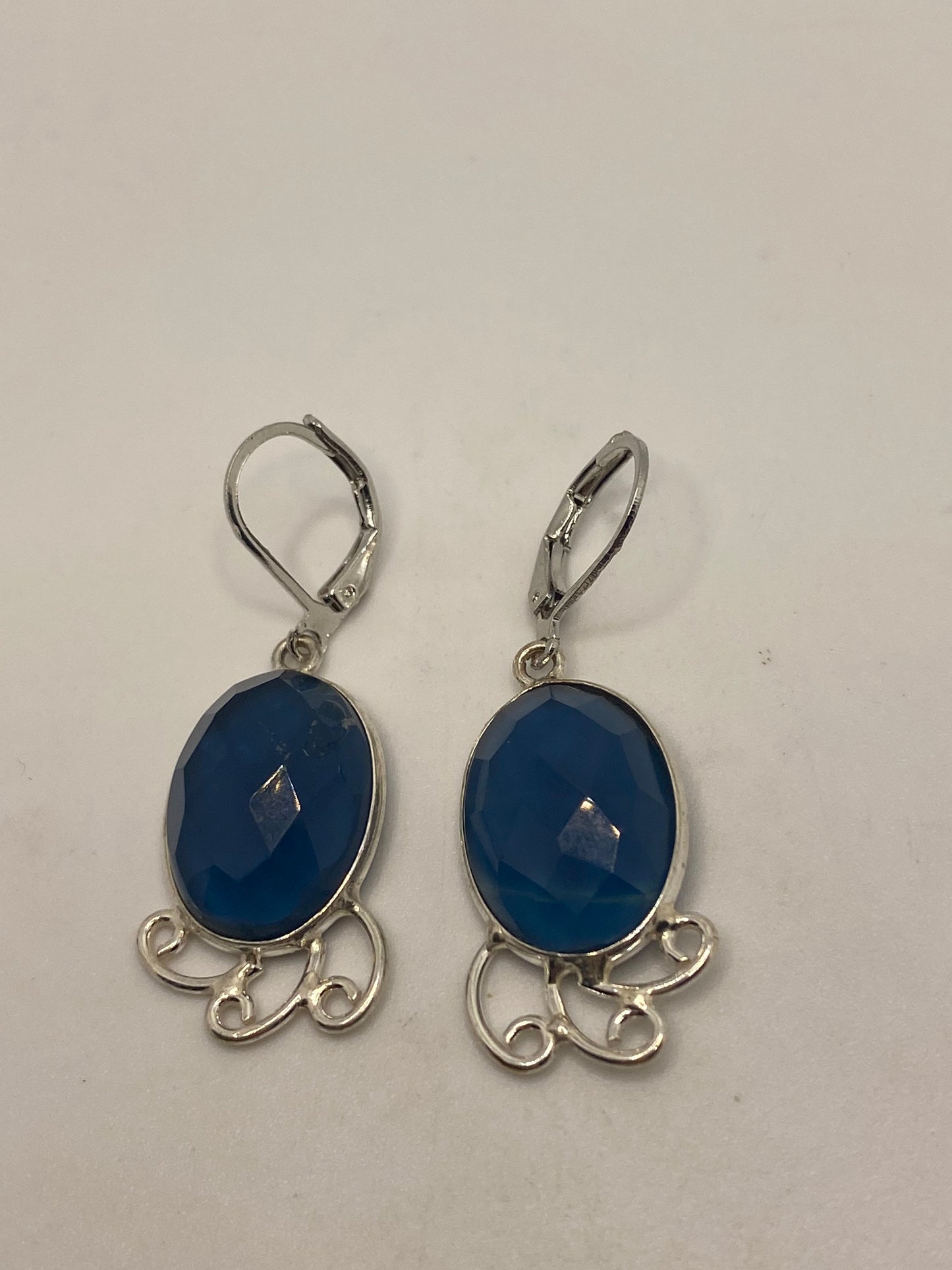 Antique Vintage Aqua Blue Volcanic Glass Silver Dangle Earrings