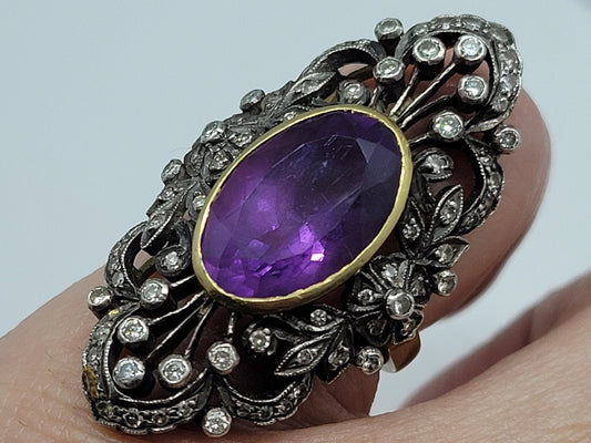 Vintage Purple Amethyst with Diamonds in 925 Sterling Silver and 14k Gold Ring Genuine Amethyst Genuine Diamond Revival Collection