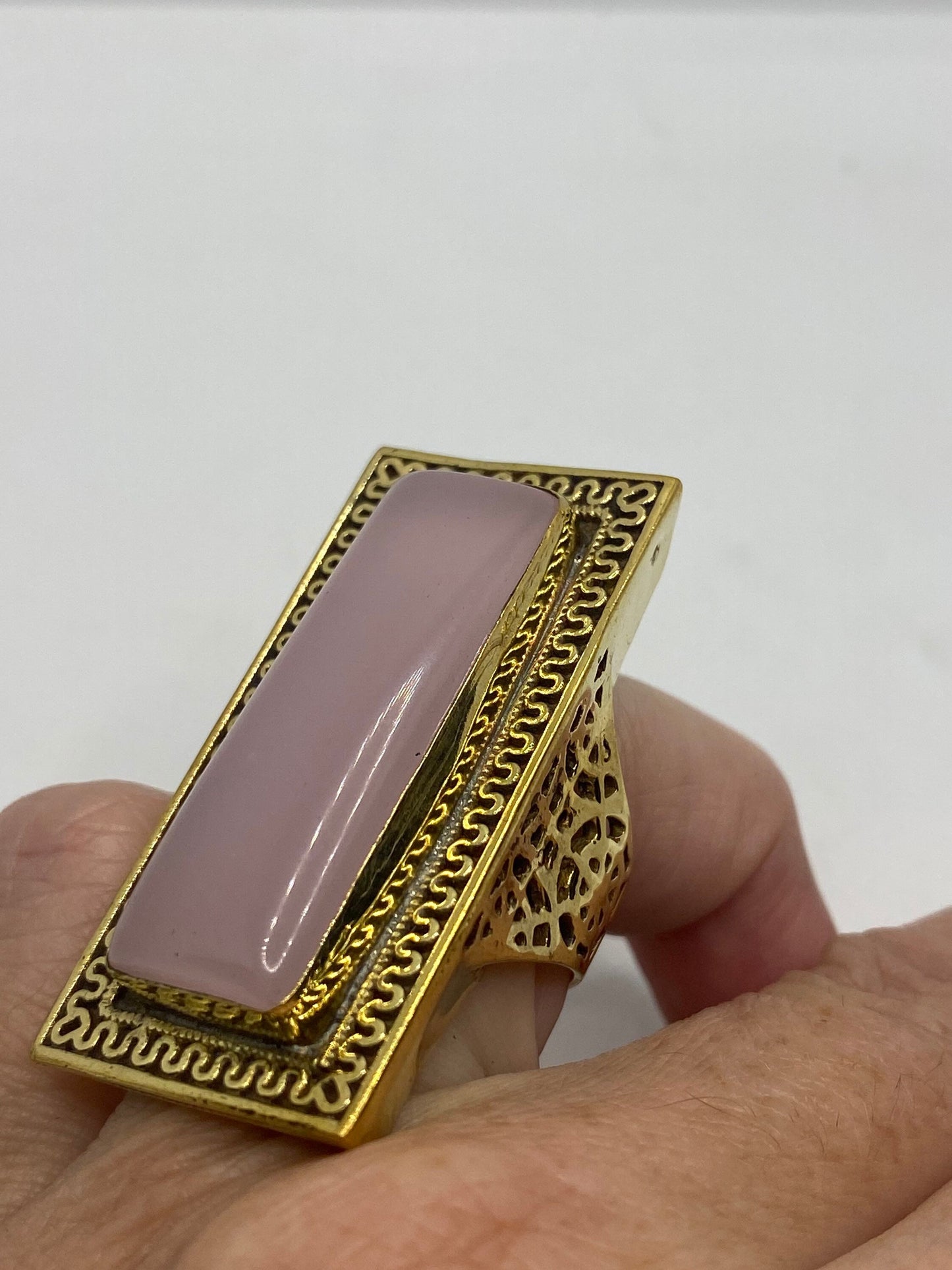 Vintage Genuine Rose Quartz Golden Bronze Ring