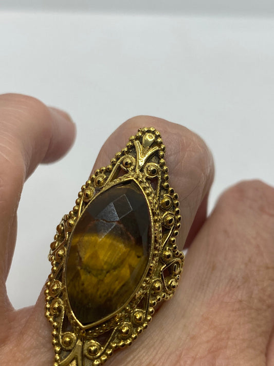 Vintage Tigers Eye Golden Brass Knuckle Ring