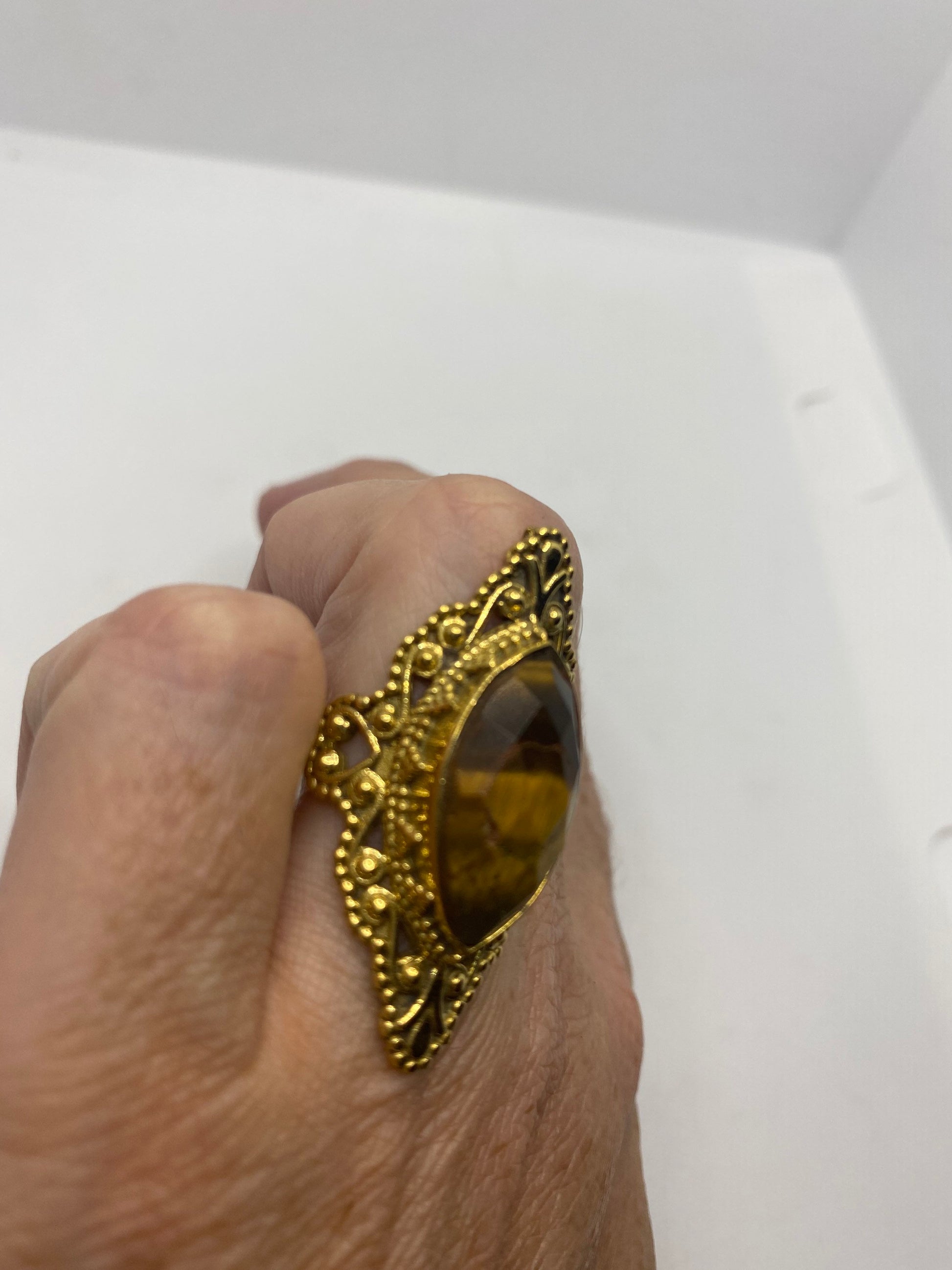 Vintage Tigers Eye Golden Brass Knuckle Ring