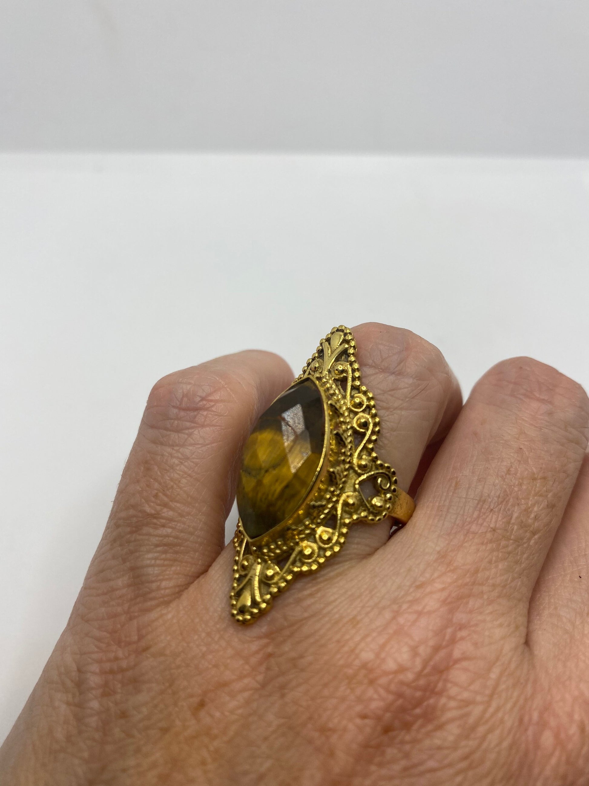 Vintage Tigers Eye Golden Brass Knuckle Ring