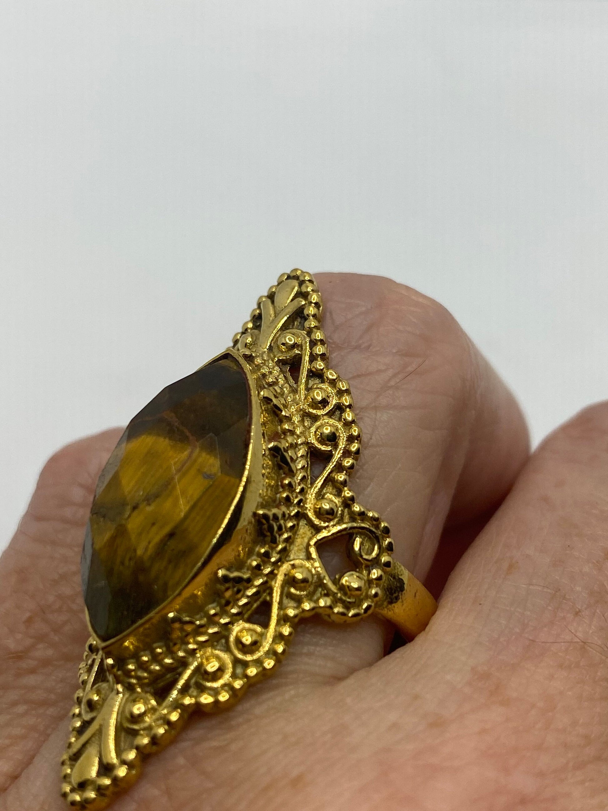 Vintage Tigers Eye Golden Brass Knuckle Ring