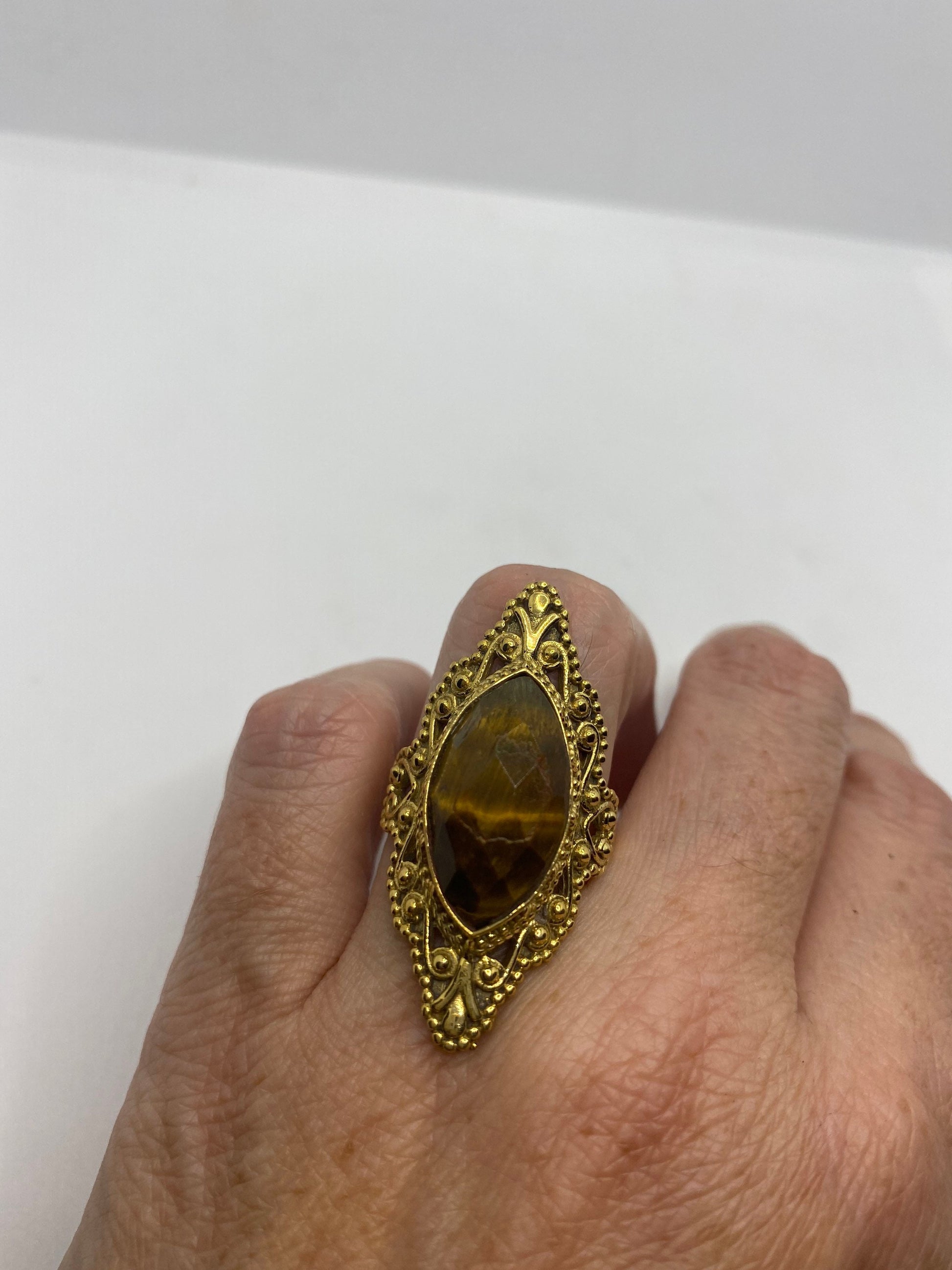 Vintage Tigers Eye Golden Brass Knuckle Ring